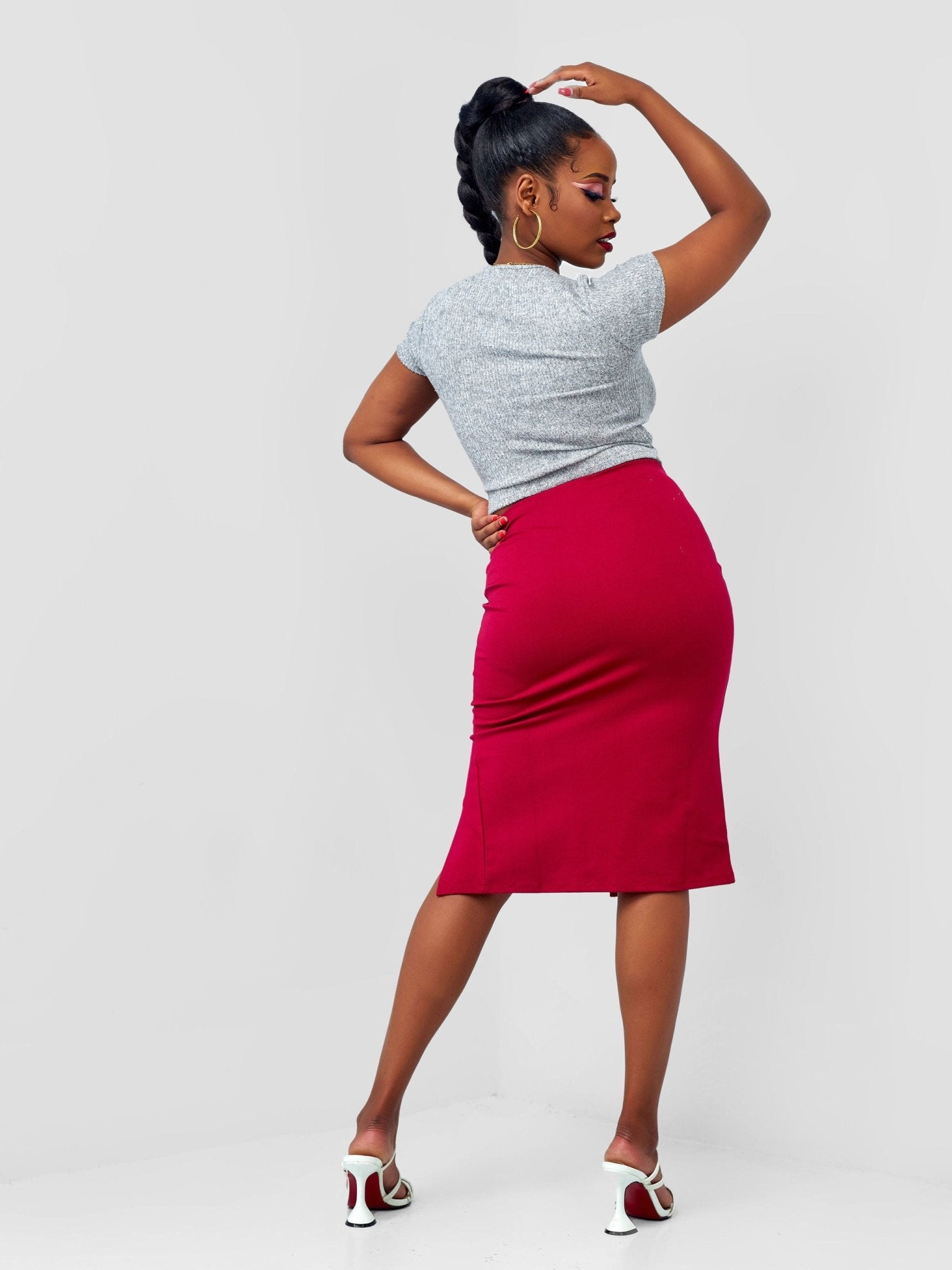 Popular 21 Long Slit Pencil Skirt - Burgundy - Shopzetu