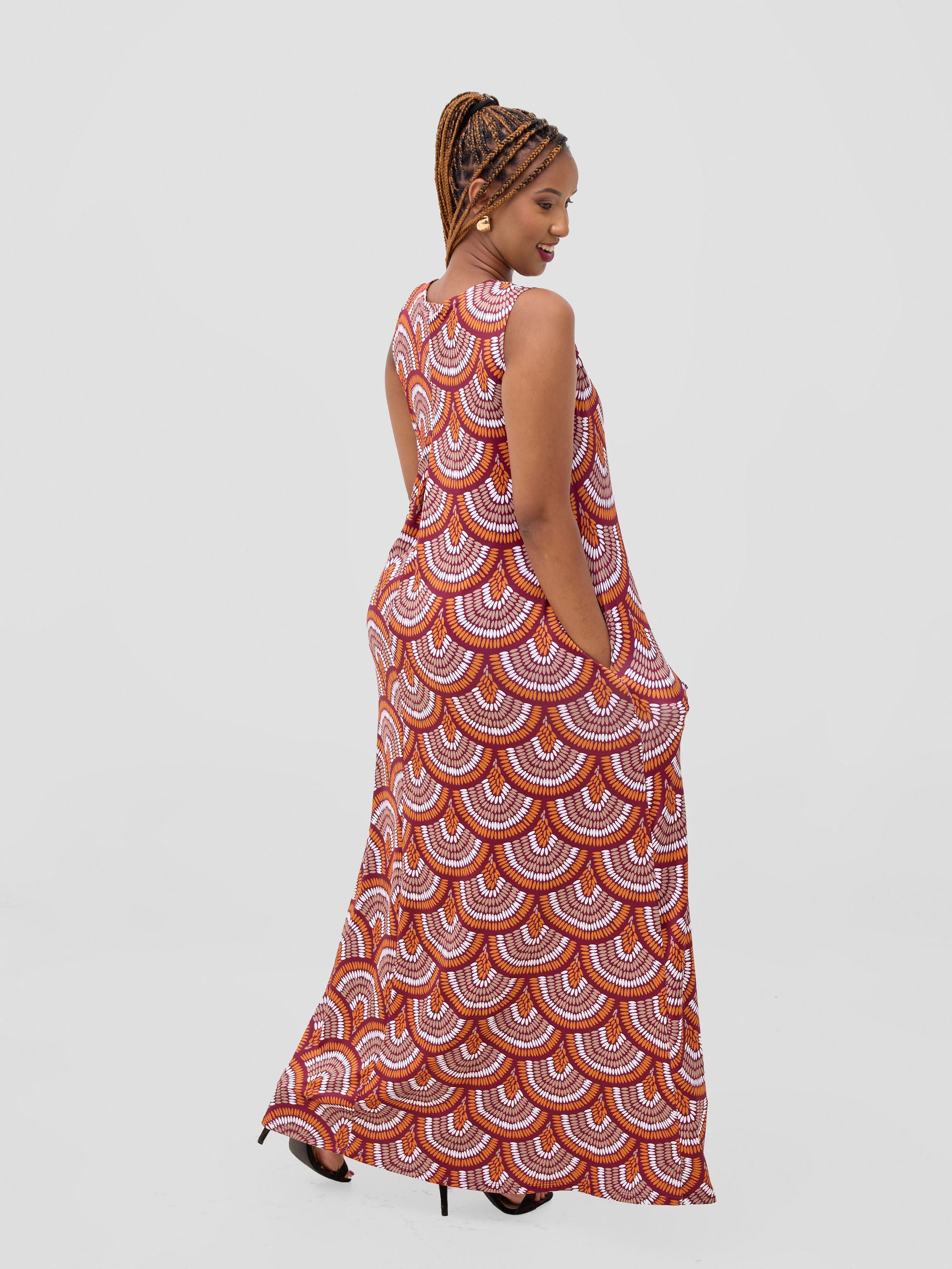 Vivo Lumi Back Pleat Maxi Dress - Orange / Burgundy Kasi Print