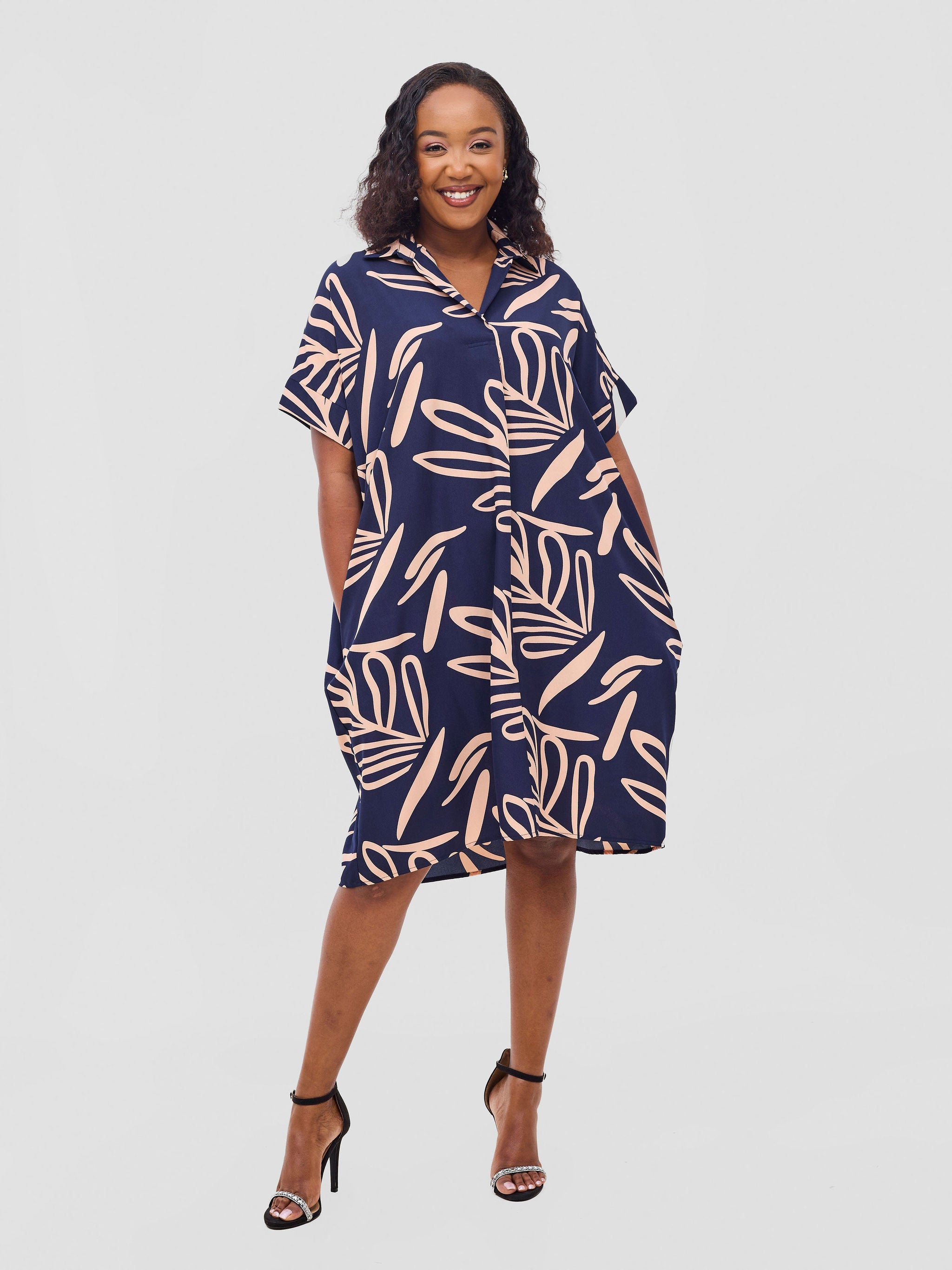 Vivo Reba Drop Shoulder Shirt Dress - Dark Navy / Peach Print