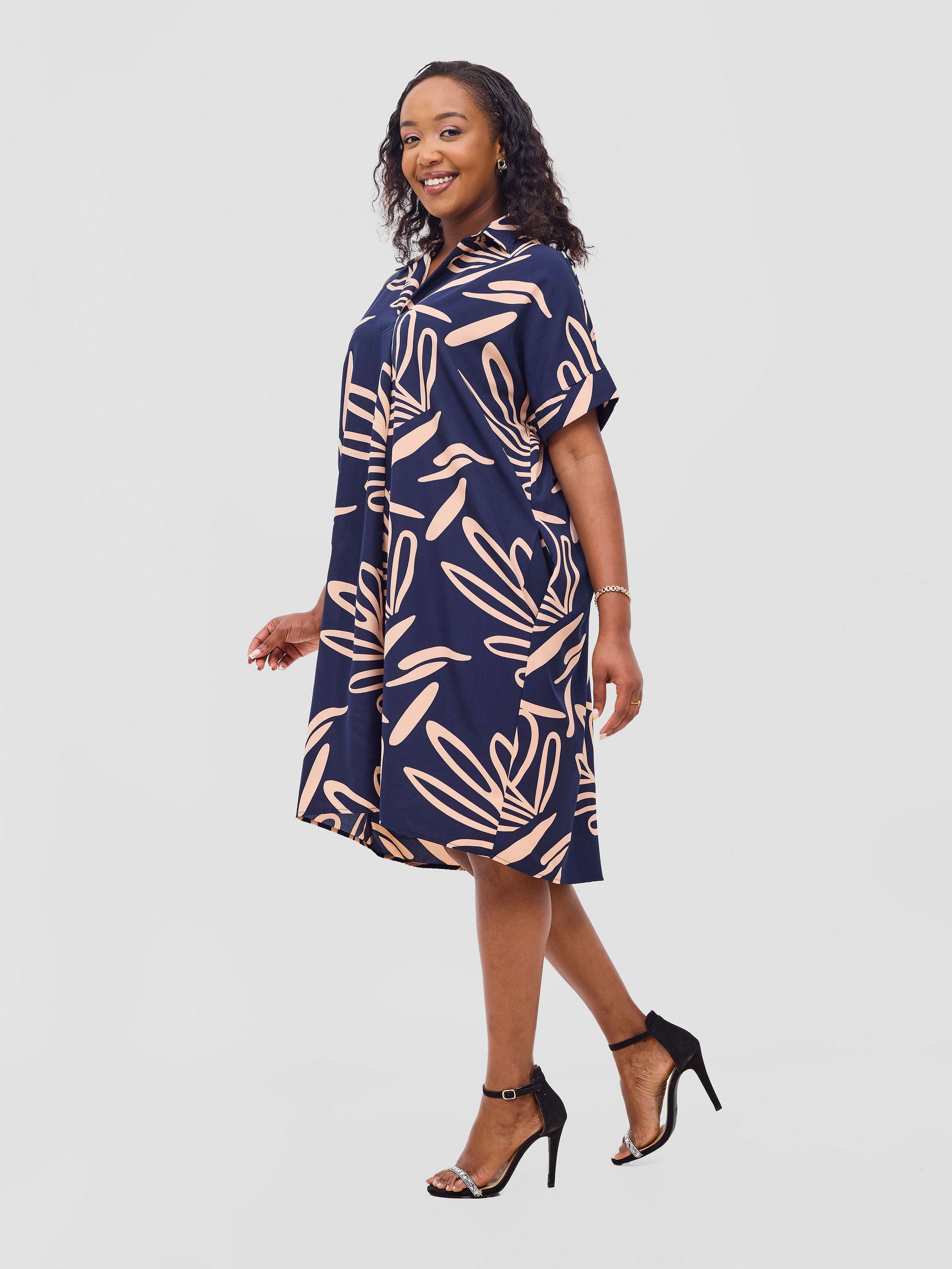 Vivo Reba Drop Shoulder Shirt Dress - Dark Navy / Peach Print
