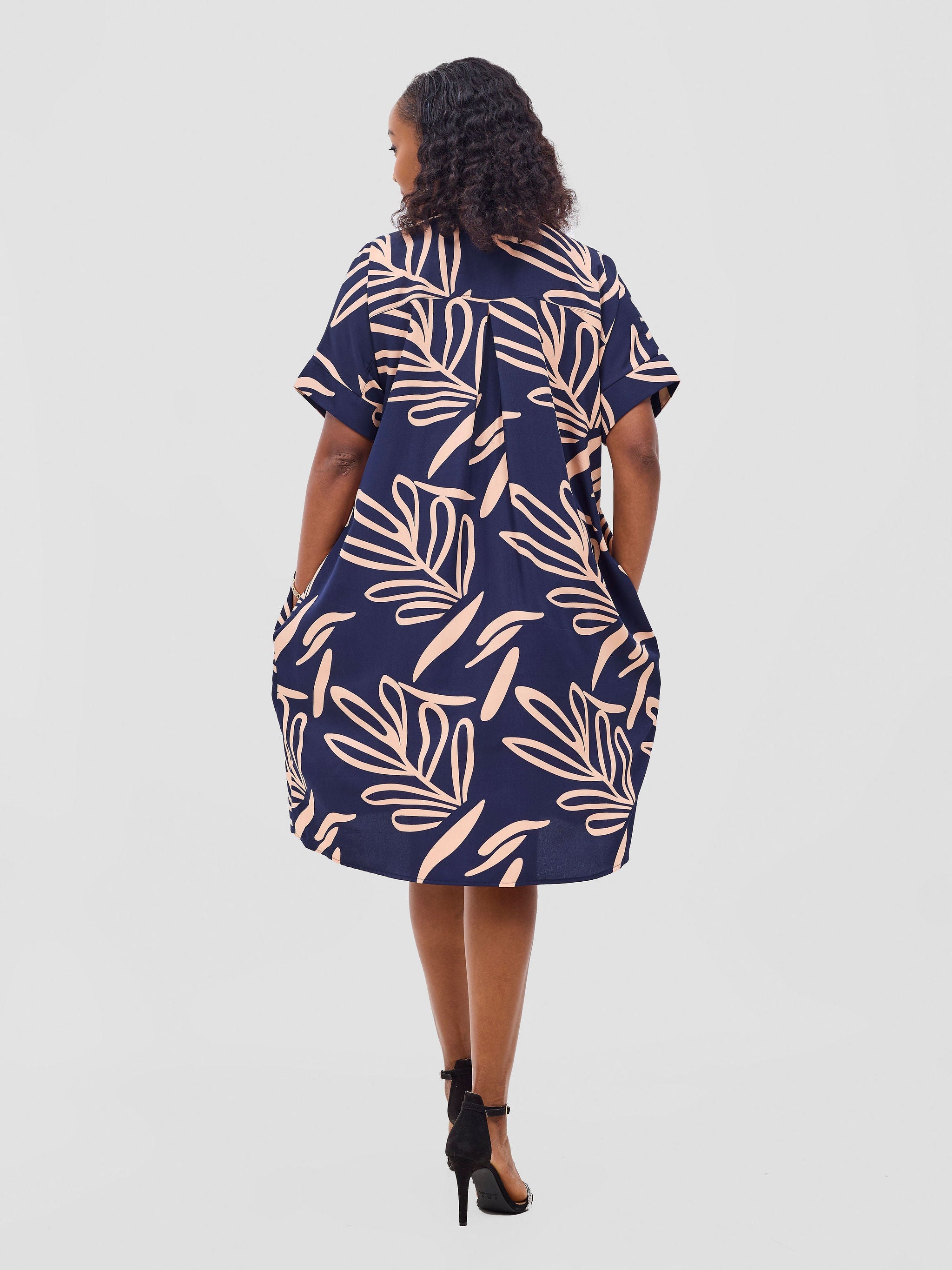 Vivo Reba Drop Shoulder Shirt Dress - Dark Navy / Peach Print