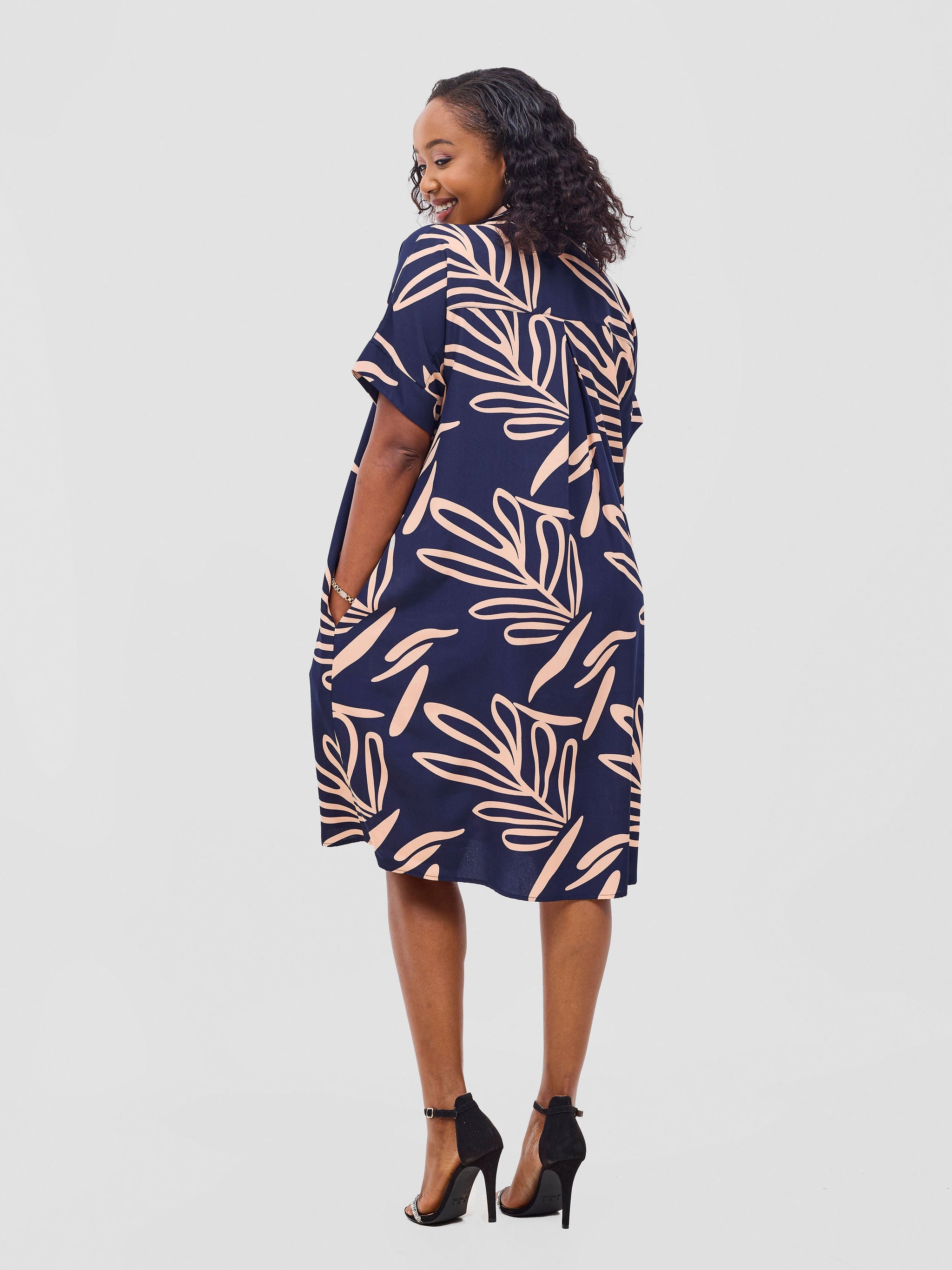Vivo Reba Drop Shoulder Shirt Dress - Dark Navy / Peach Print
