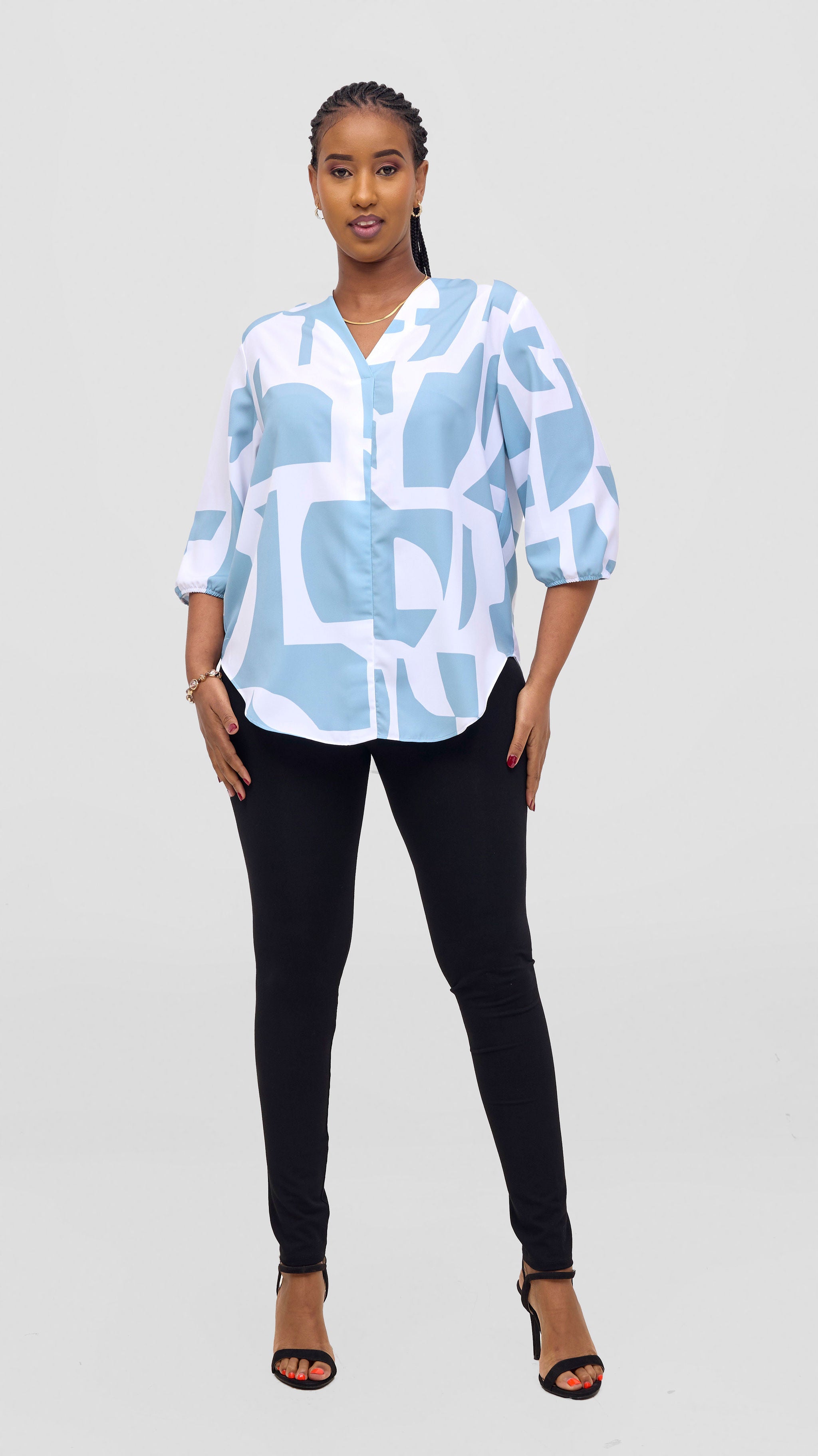 Vivo Dua 3/4 Sleeved V Neck Shirt - White / Mint Dashen Print