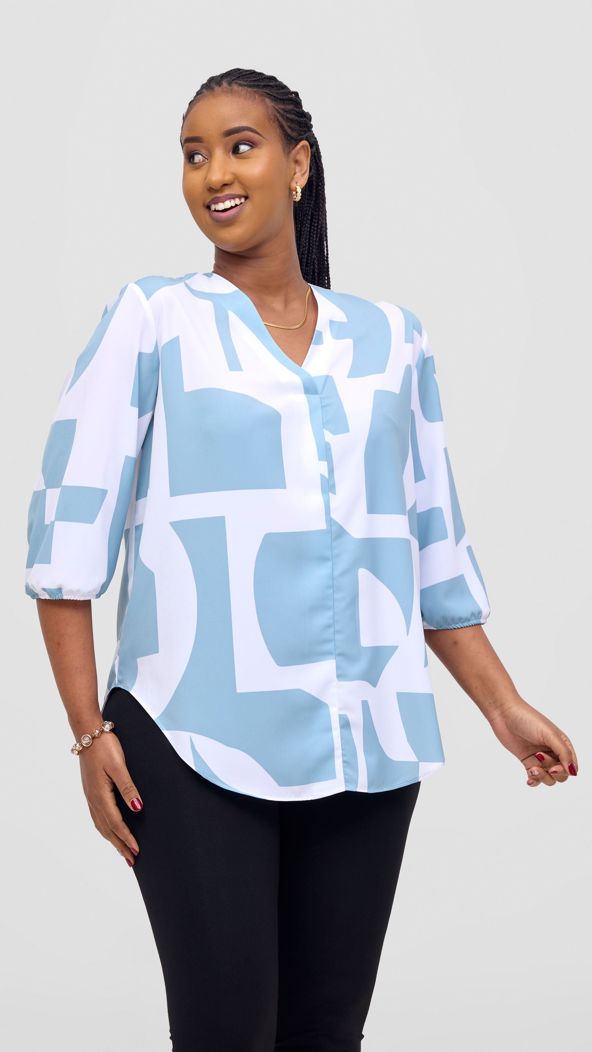 Vivo Dua 3/4 Sleeved V Neck Shirt - White / Mint Dashen Print