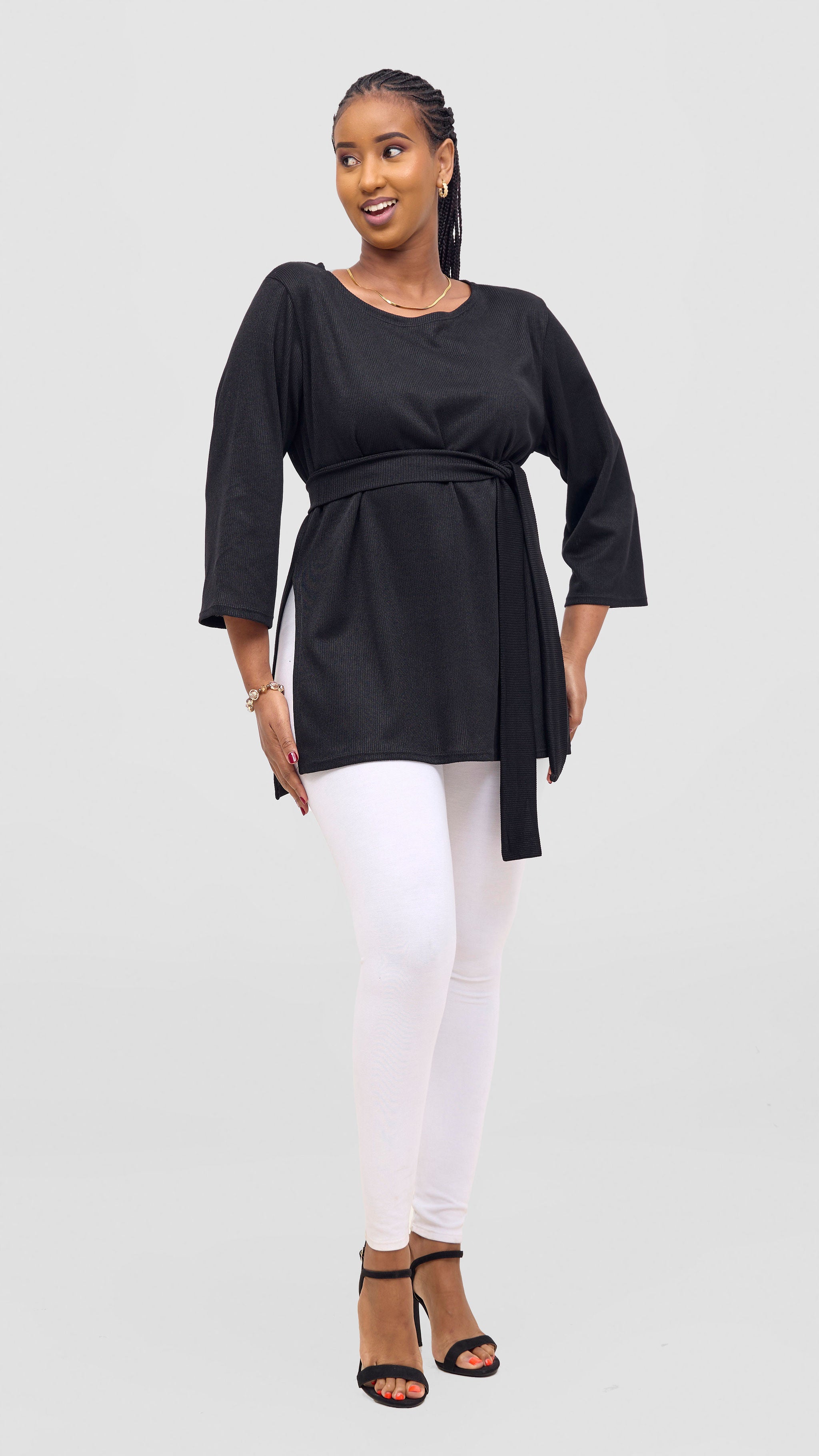 Vivo Rema 3/4 Sleeve Side Slit Tunic Top - Black