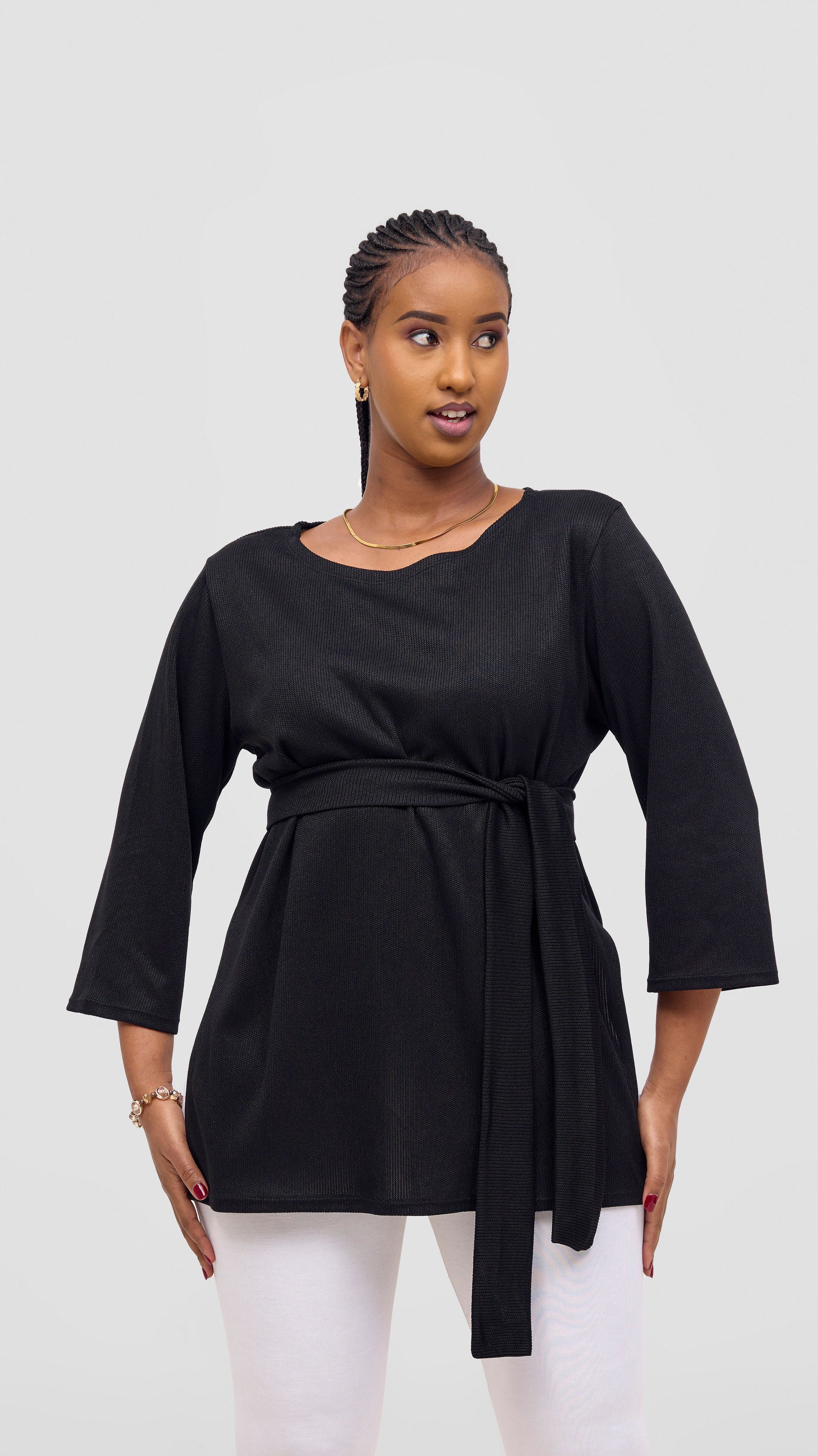 Vivo Rema 3/4 Sleeve Side Slit Tunic Top - Black