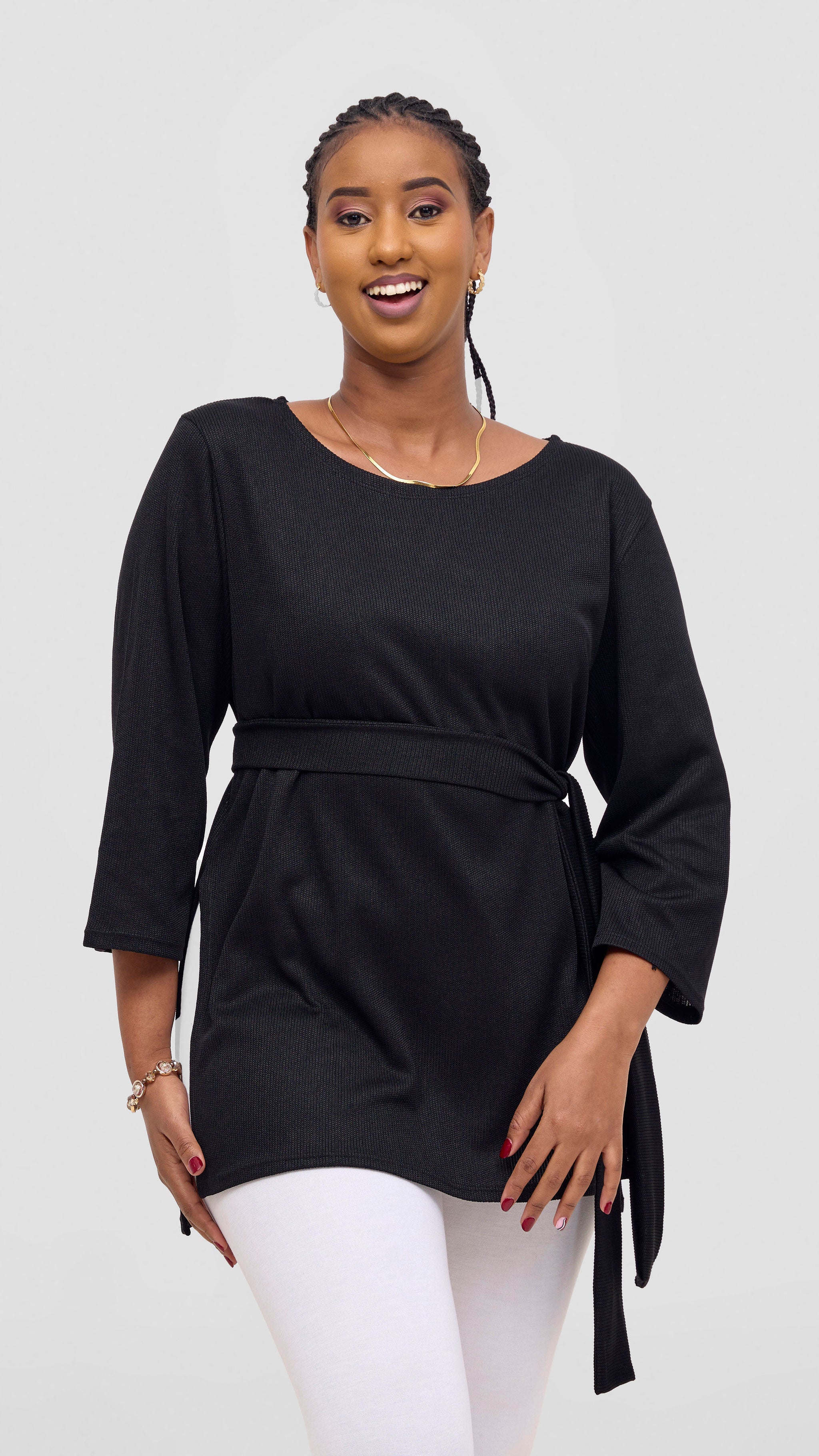 Vivo Rema 3/4 Sleeve Side Slit Tunic Top - Black