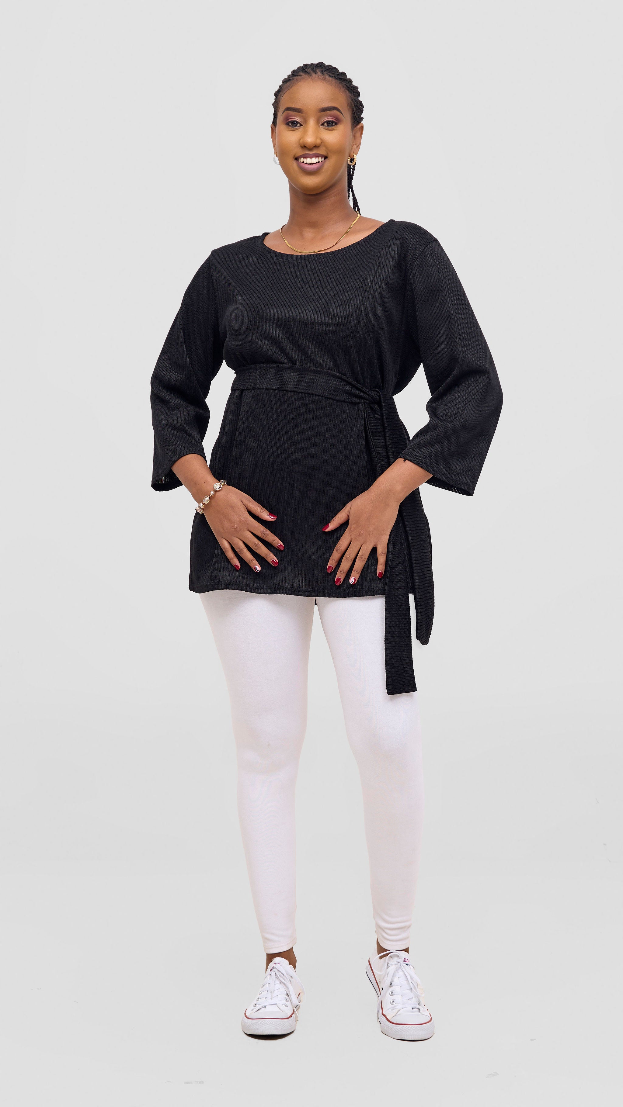 Vivo Rema 3/4 Sleeve Side Slit Tunic Top - Black