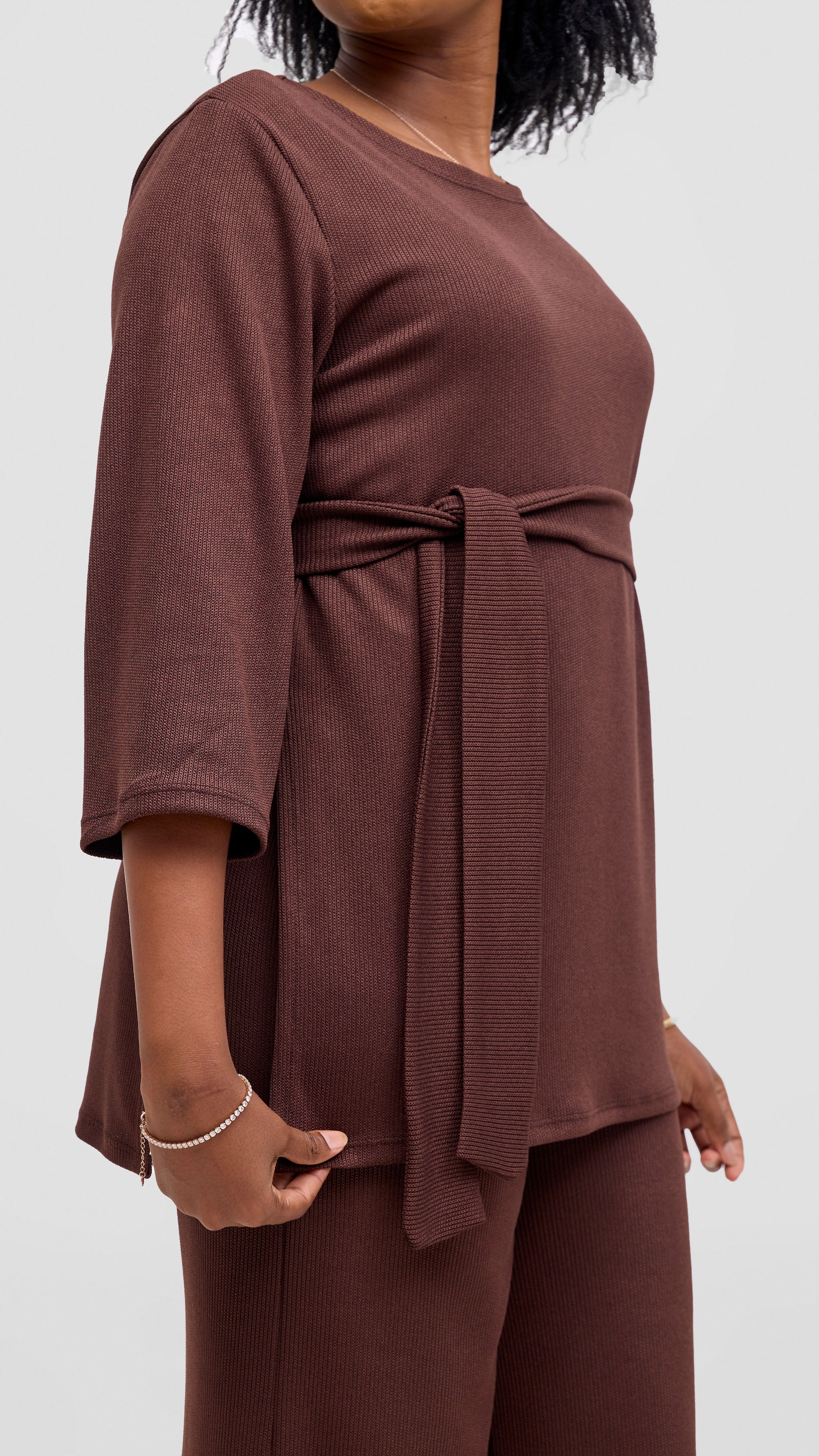 Vivo Rema 3/4 Sleeve Side Slit Tunic Top - Chocolate