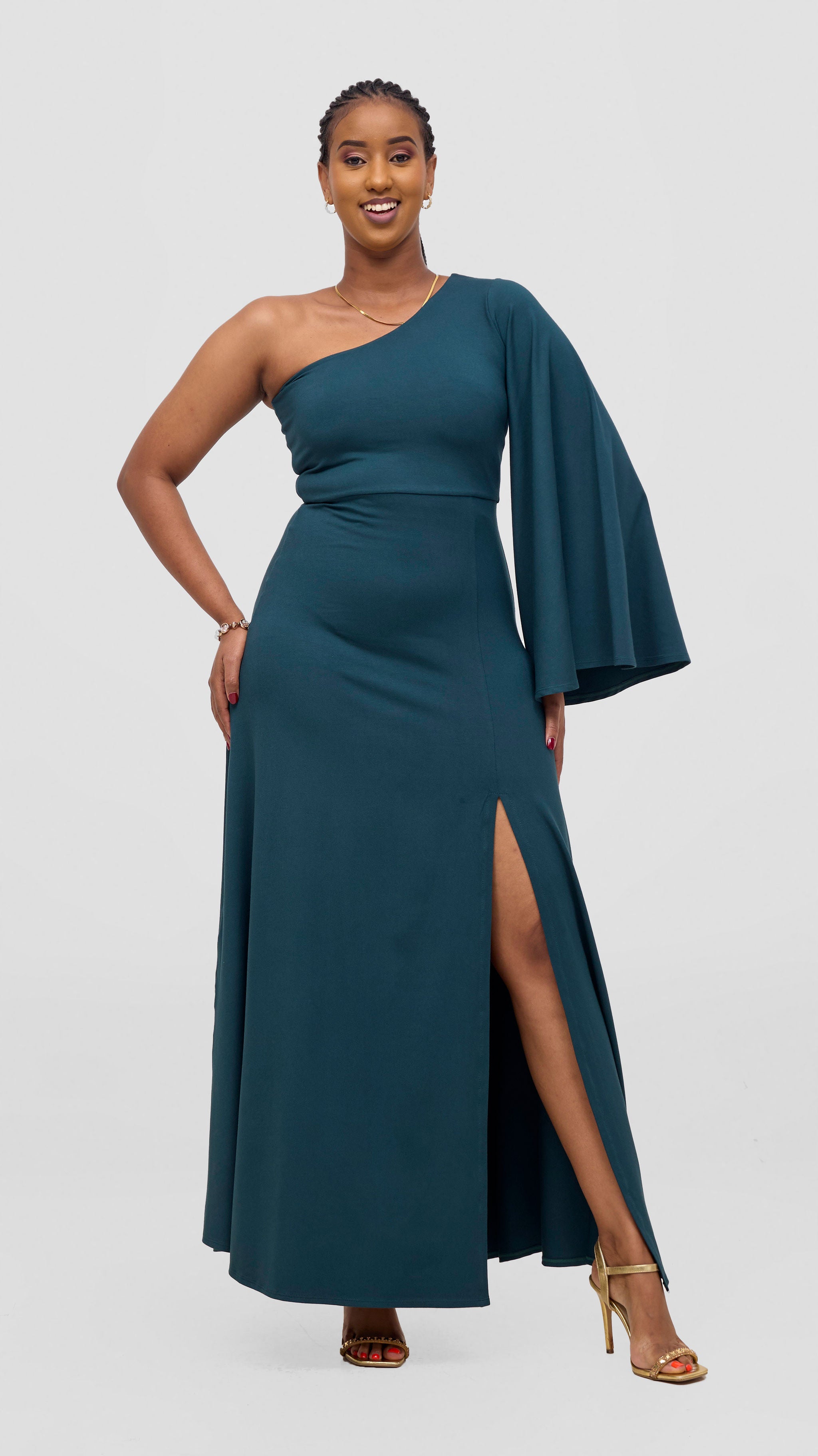 Vivo Ari One Shoulder Maxi Dress - Dark Green