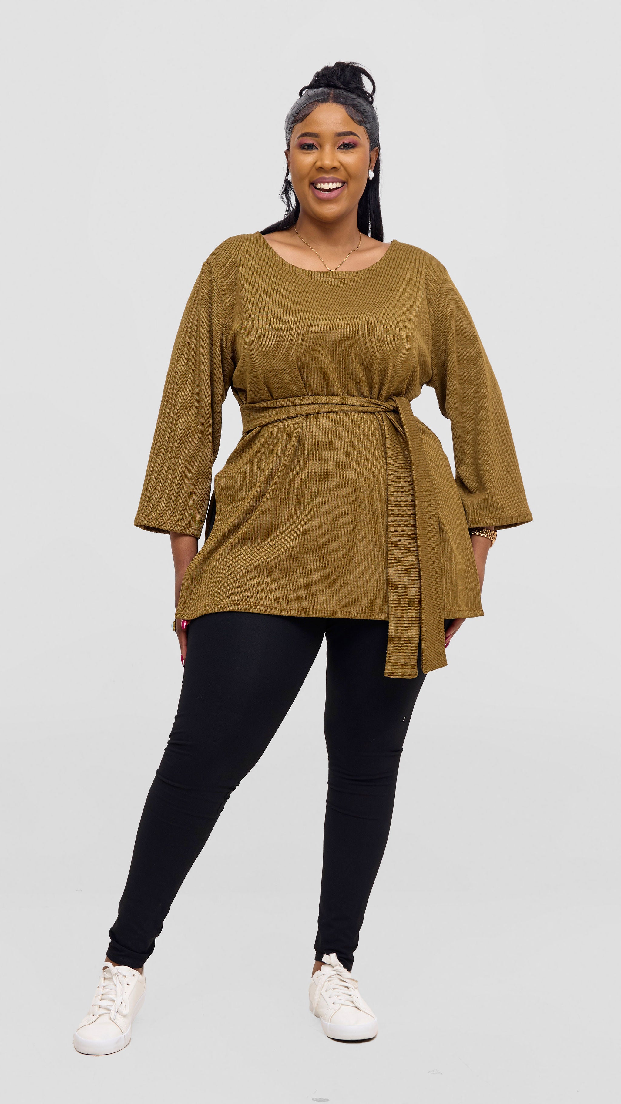 Vivo Rema 3/4 Sleeve Side Slit Tunic Top - Dark Olive