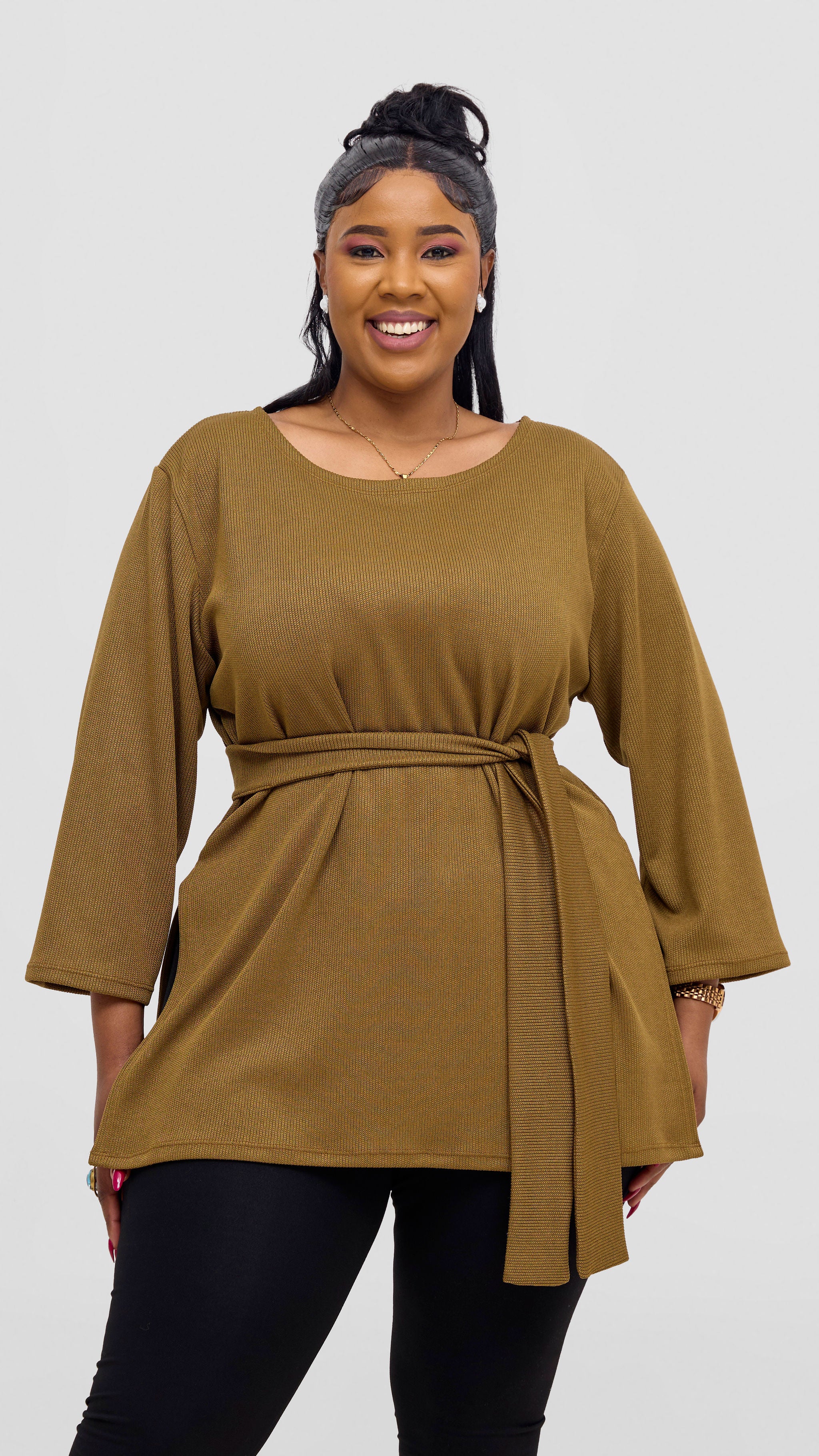 Vivo Rema 3/4 Sleeve Side Slit Tunic Top - Dark Olive