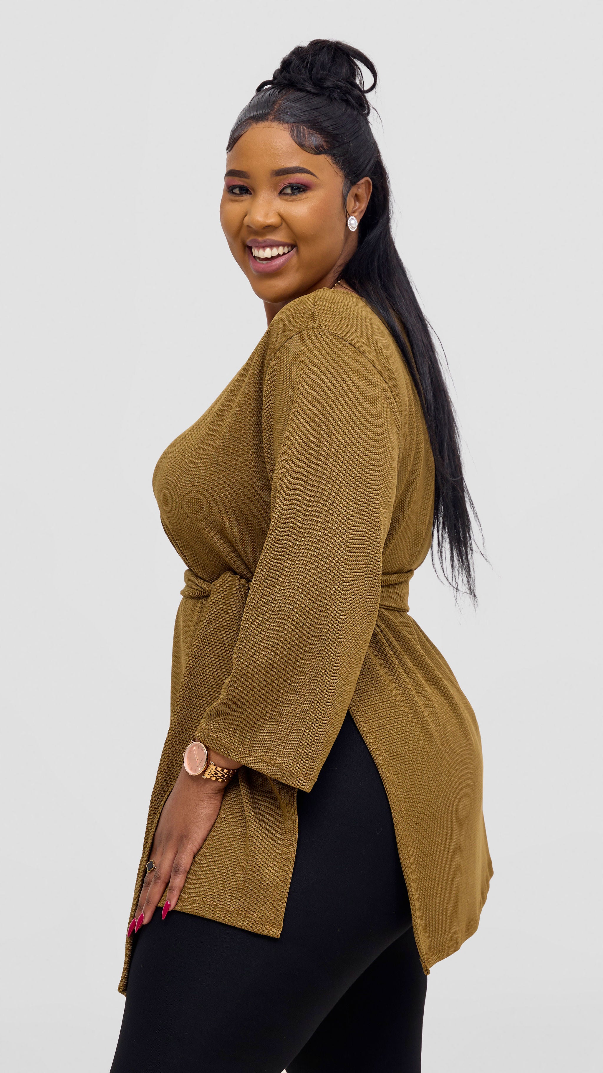 Vivo Rema 3/4 Sleeve Side Slit Tunic Top - Dark Olive