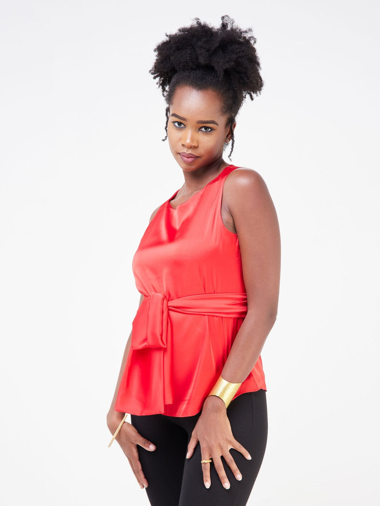 Vivo Raha Waist Tie Top - Red - Shopzetu