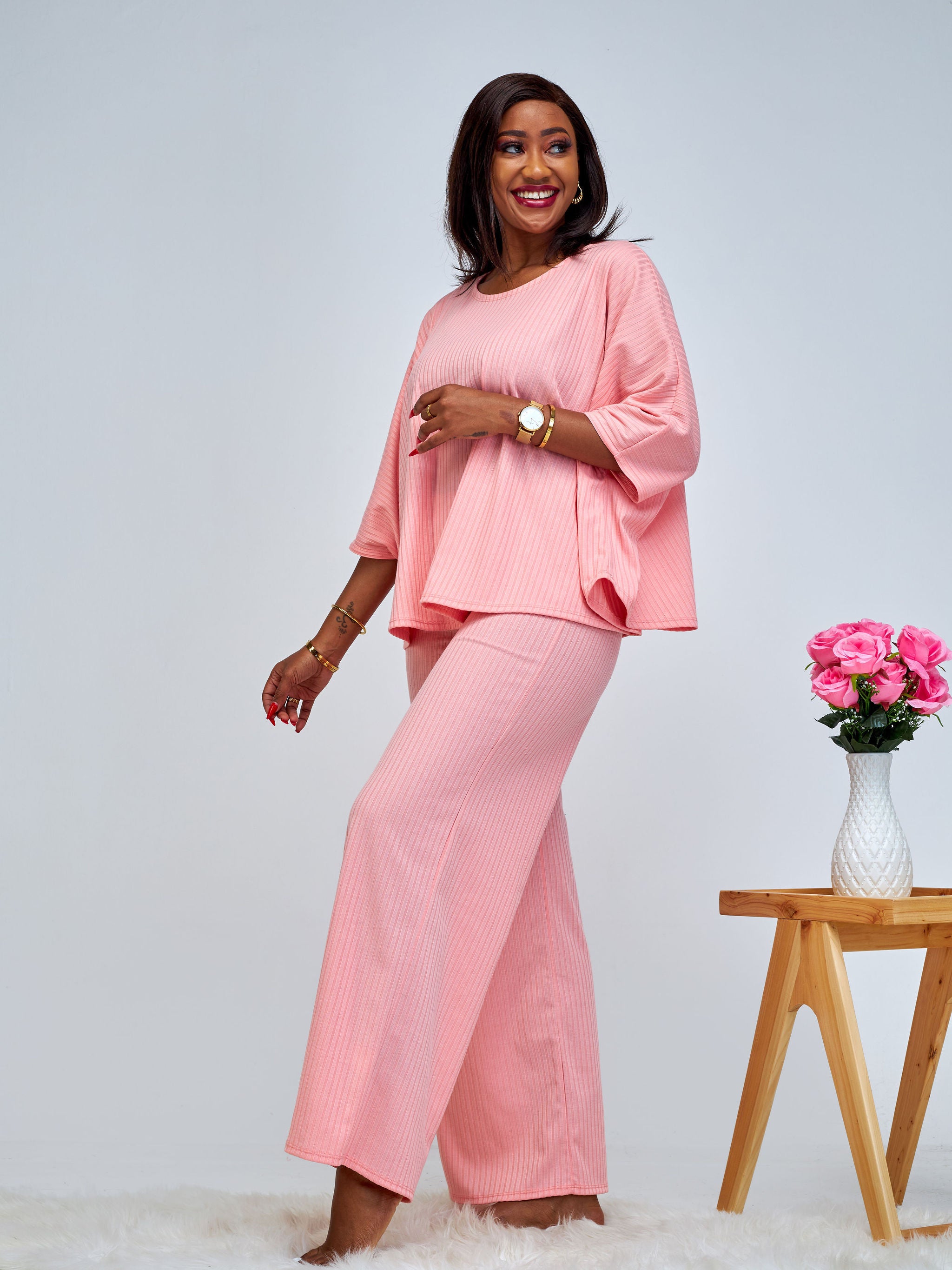 Vivo Amali Wide Leg Rib Pants - Pink