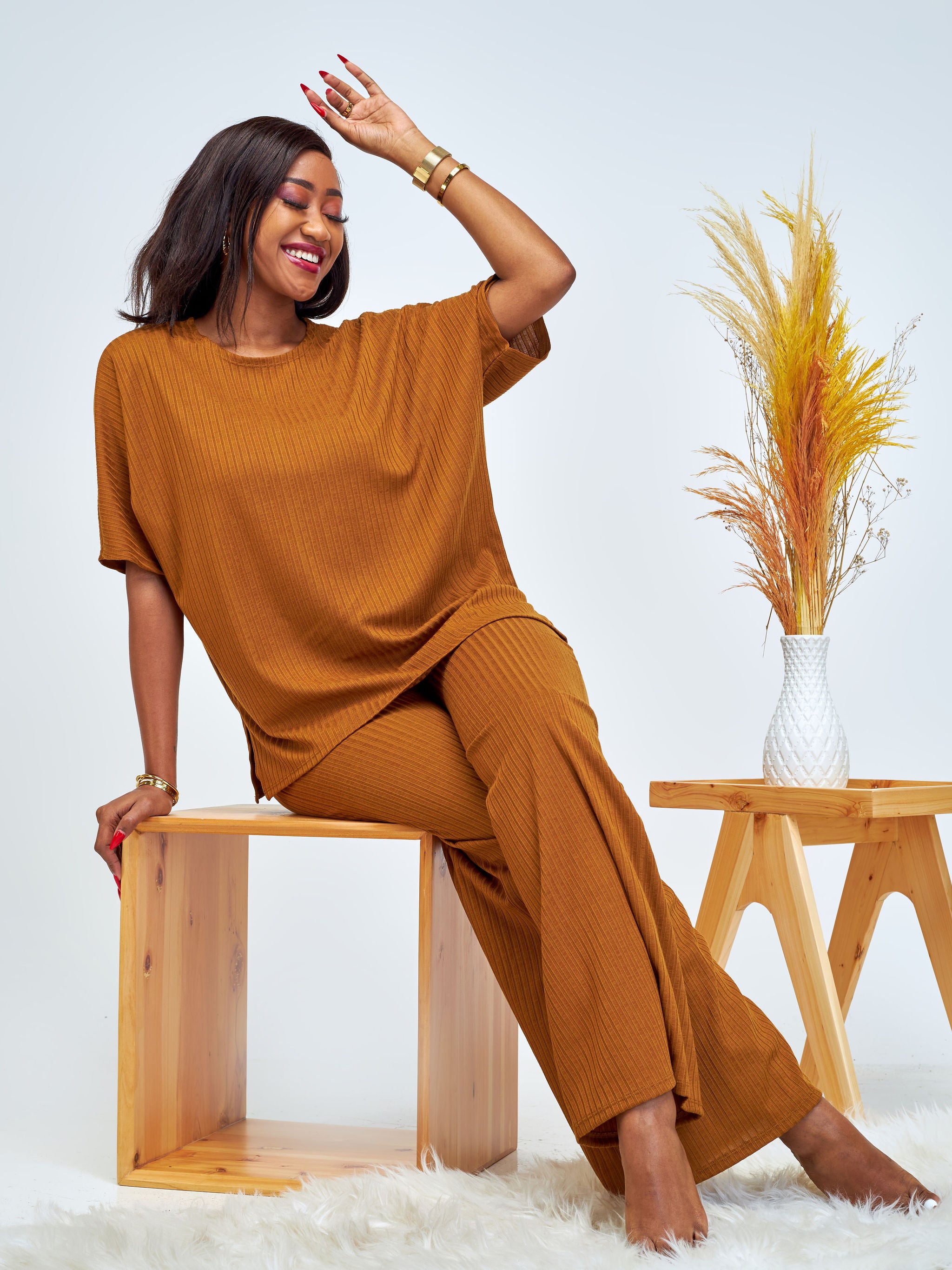 Vivo Amali Wide Leg Rib Pants - Brown