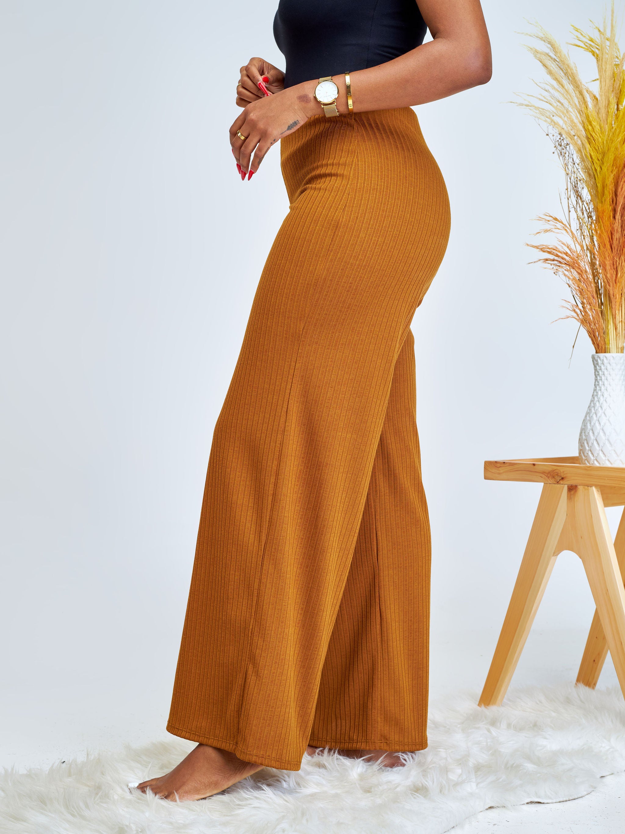 Vivo Amali Wide Leg Rib Pants - Brown