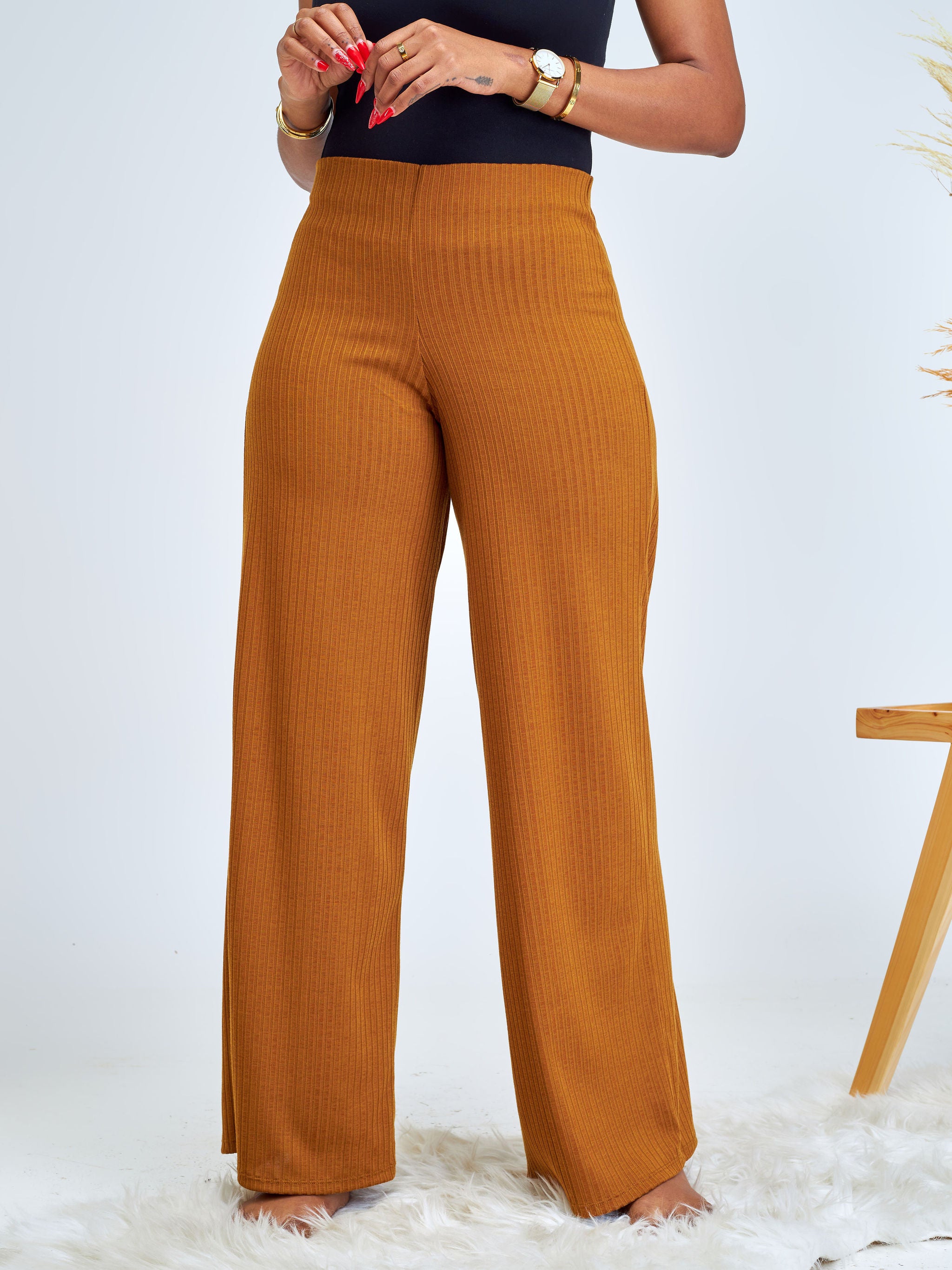 Vivo Amali Wide Leg Rib Pants - Brown
