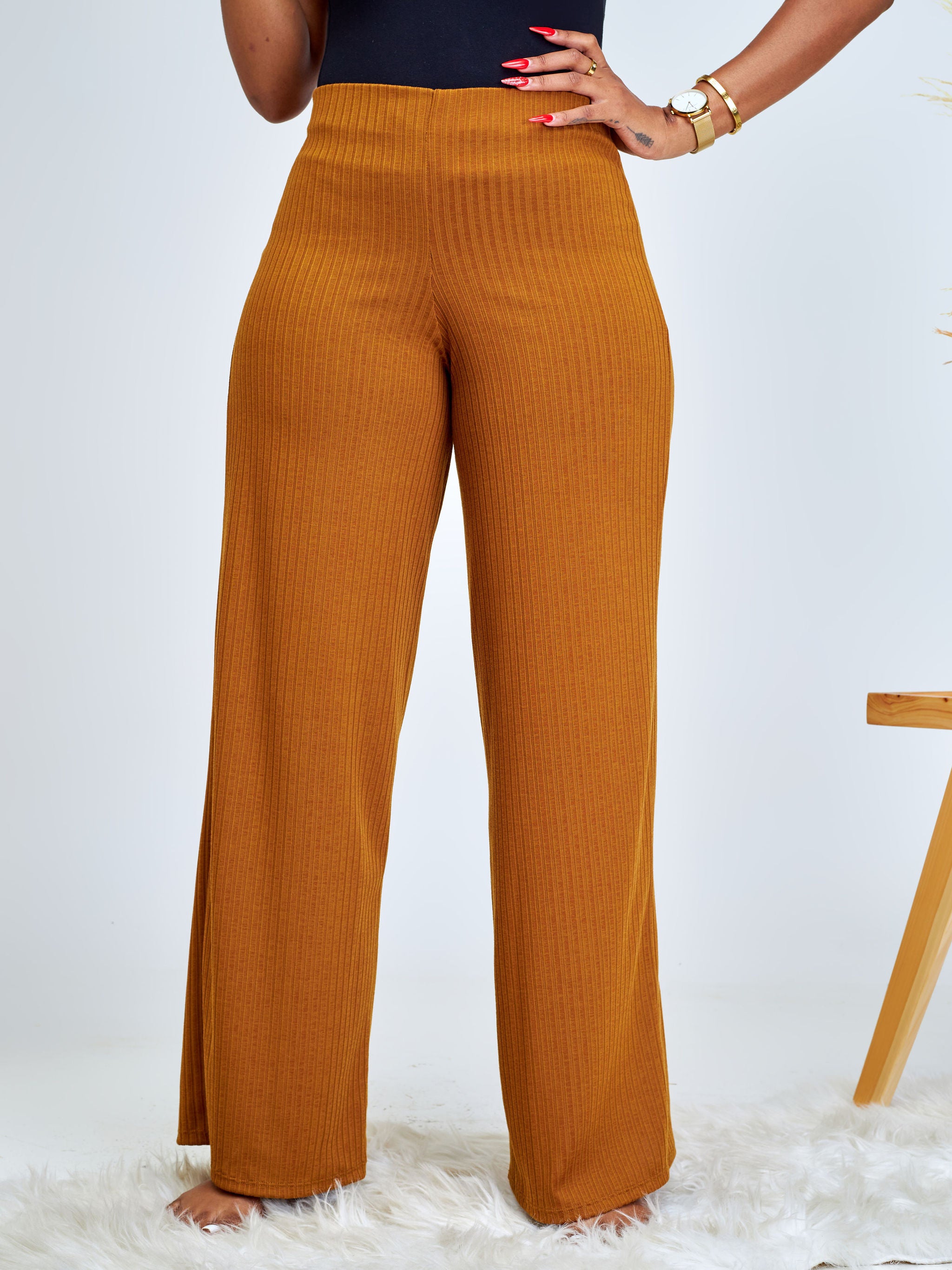 Vivo Amali Wide Leg Rib Pants - Brown