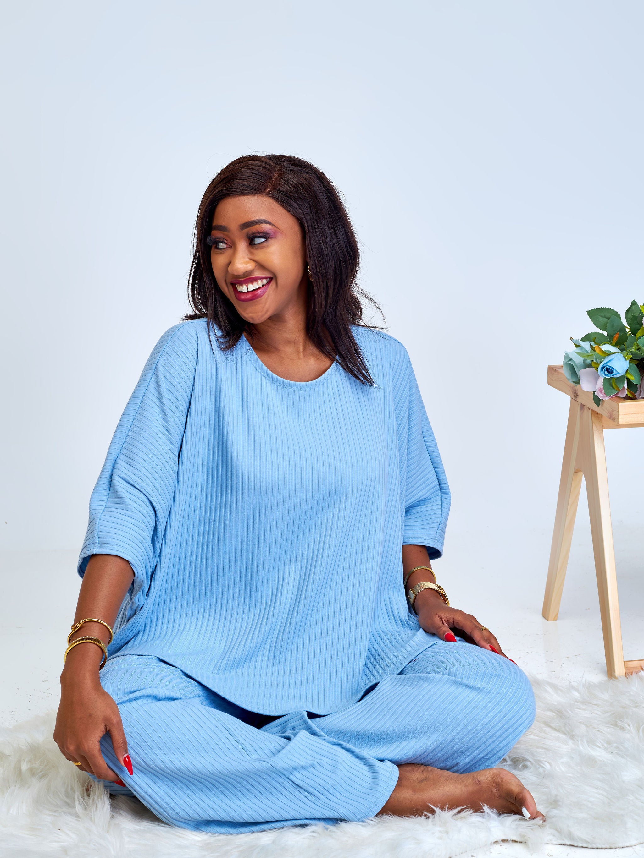 Vivo Amali Wide Leg Rib Pants - Light Blue