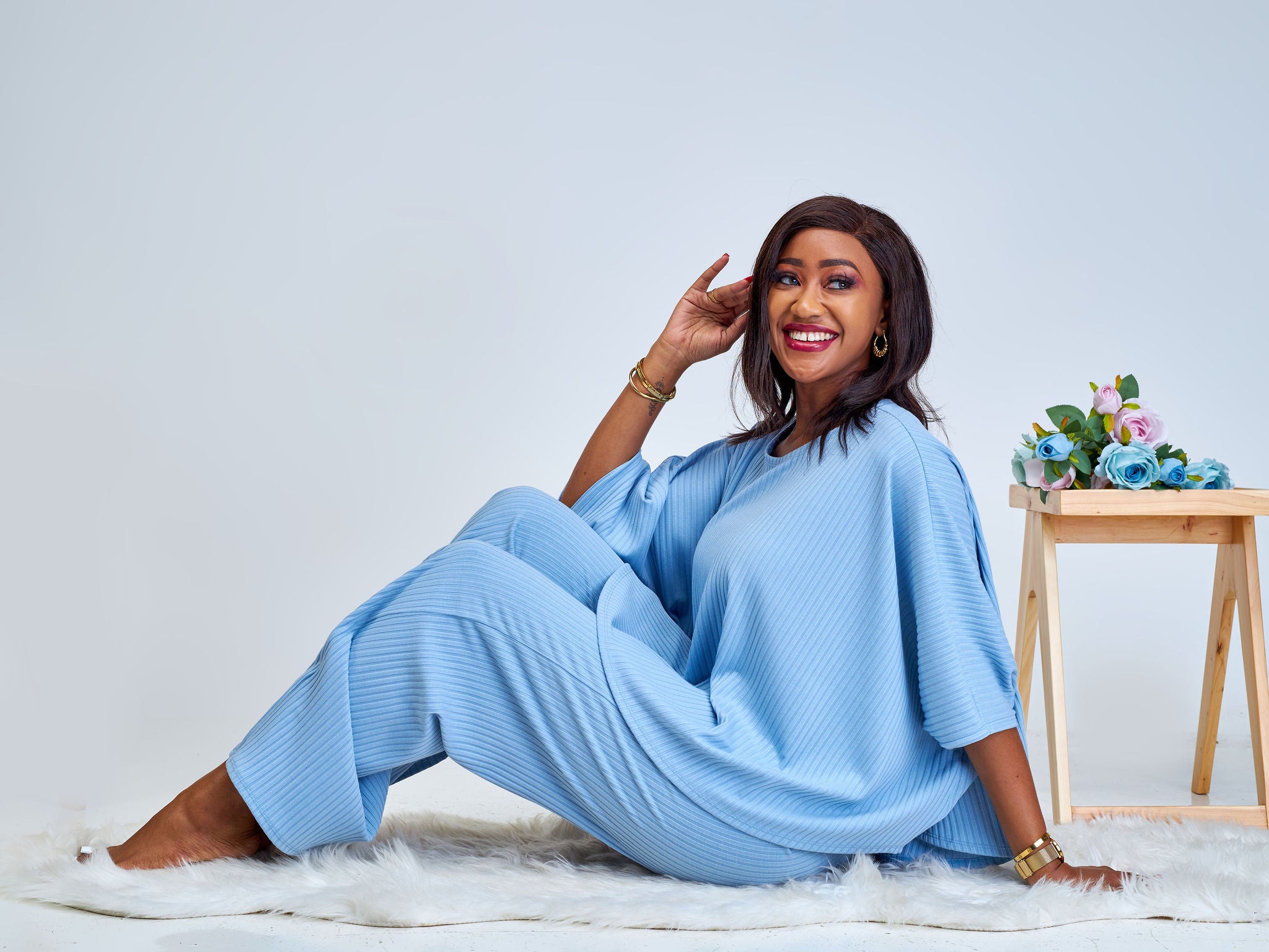 Vivo Amali Wide Leg Rib Pants - Light Blue