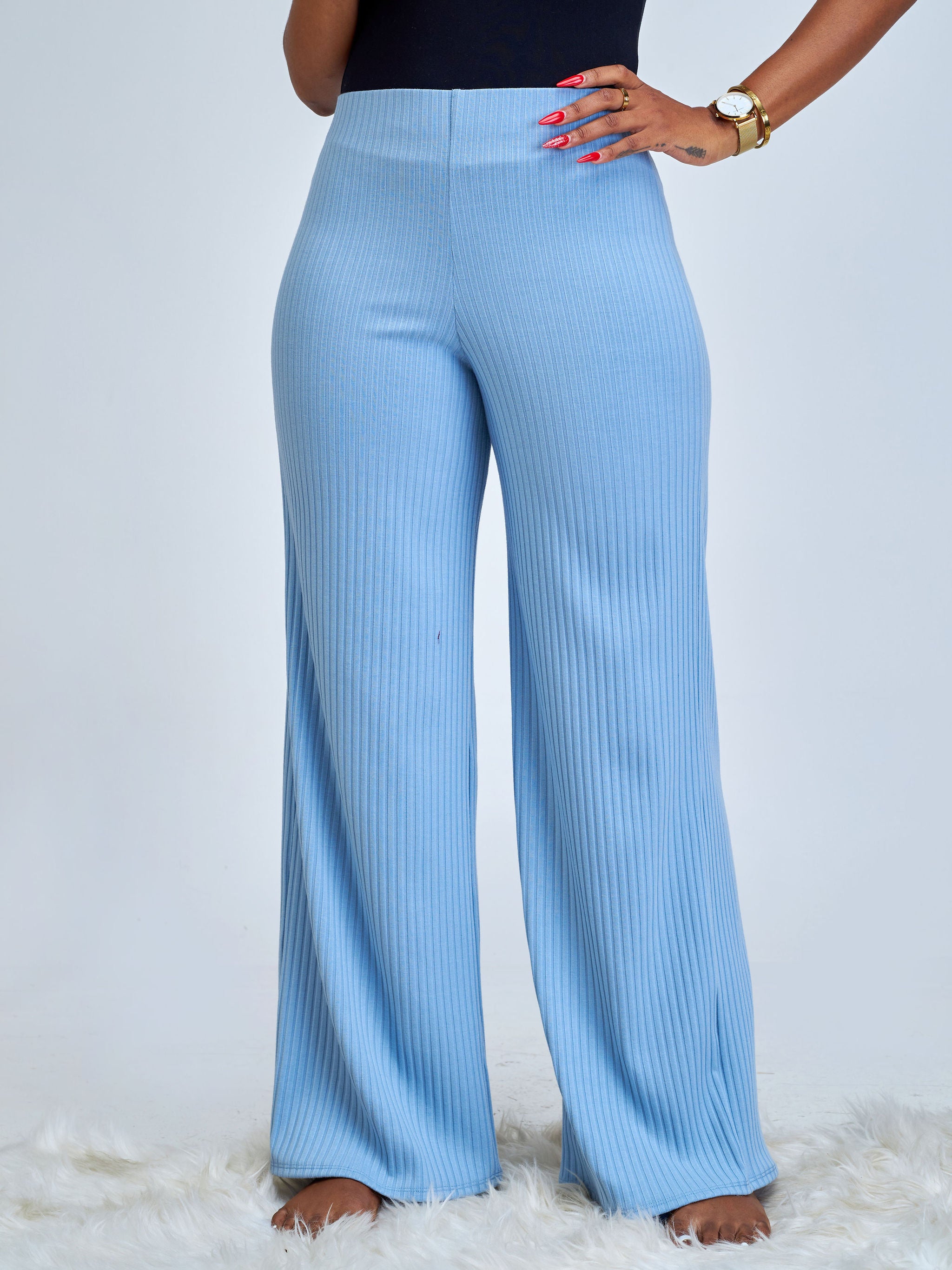 Vivo Amali Wide Leg Rib Pants - Light Blue