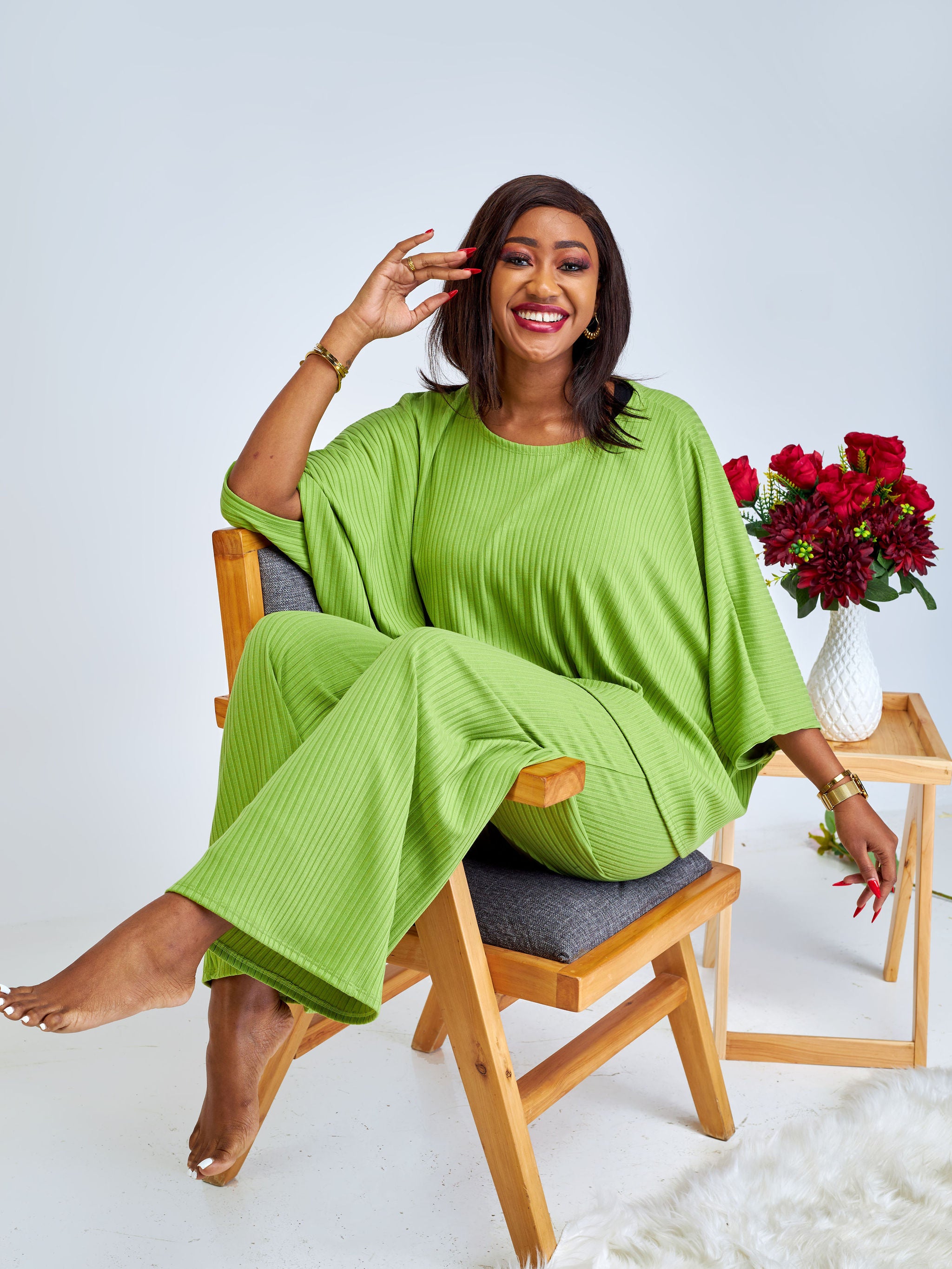 Vivo Amali Wide Leg Rib Pants - Lime Green