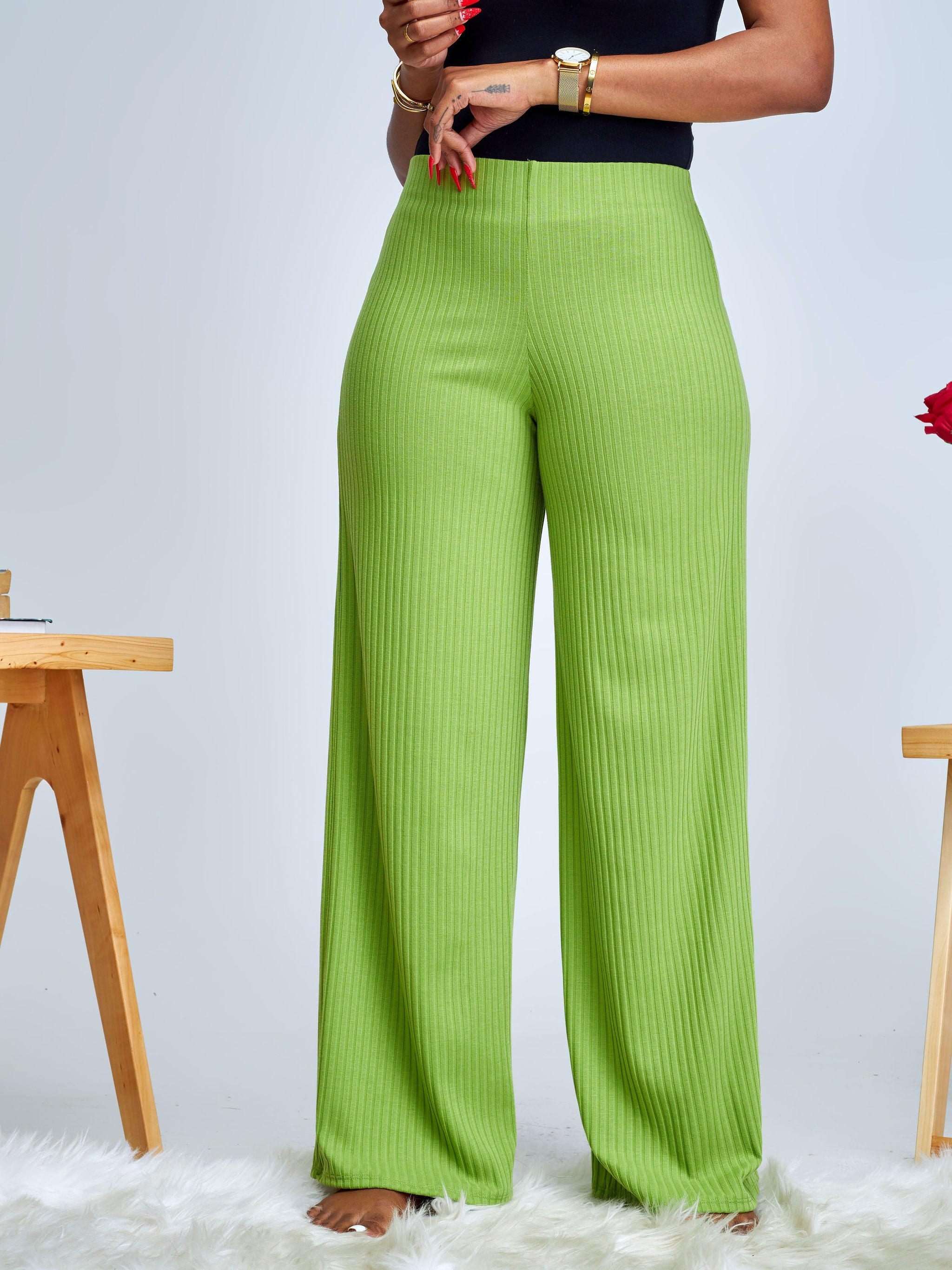 Vivo Amali Wide Leg Rib Pants - Lime Green
