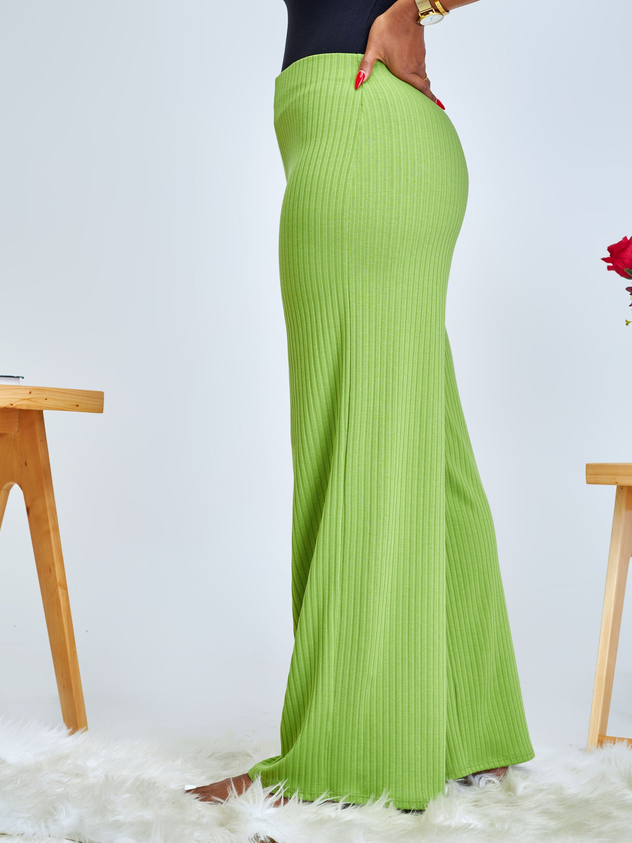 Vivo Amali Wide Leg Rib Pants - Lime Green