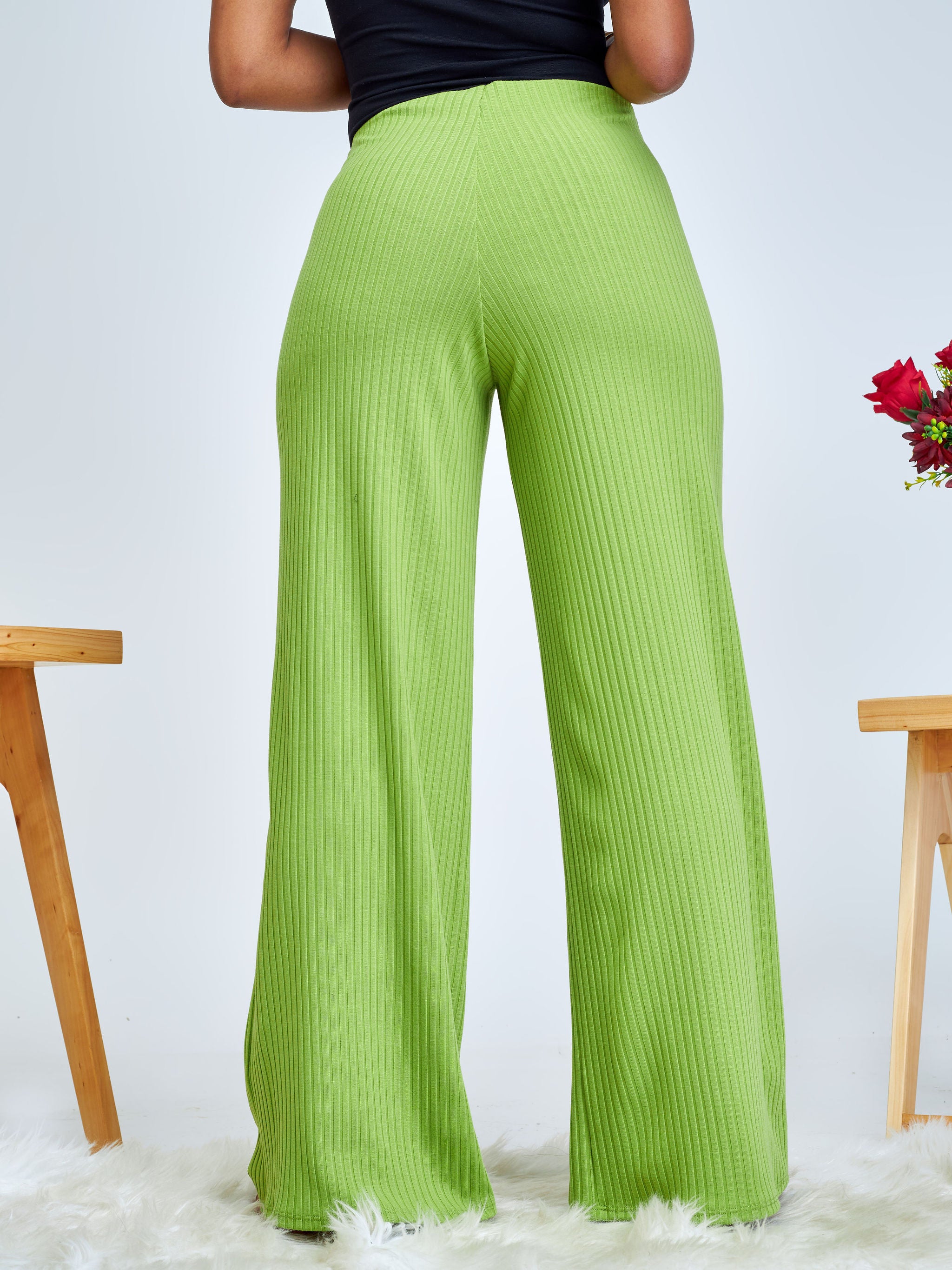 Vivo Amali Wide Leg Rib Pants - Lime Green