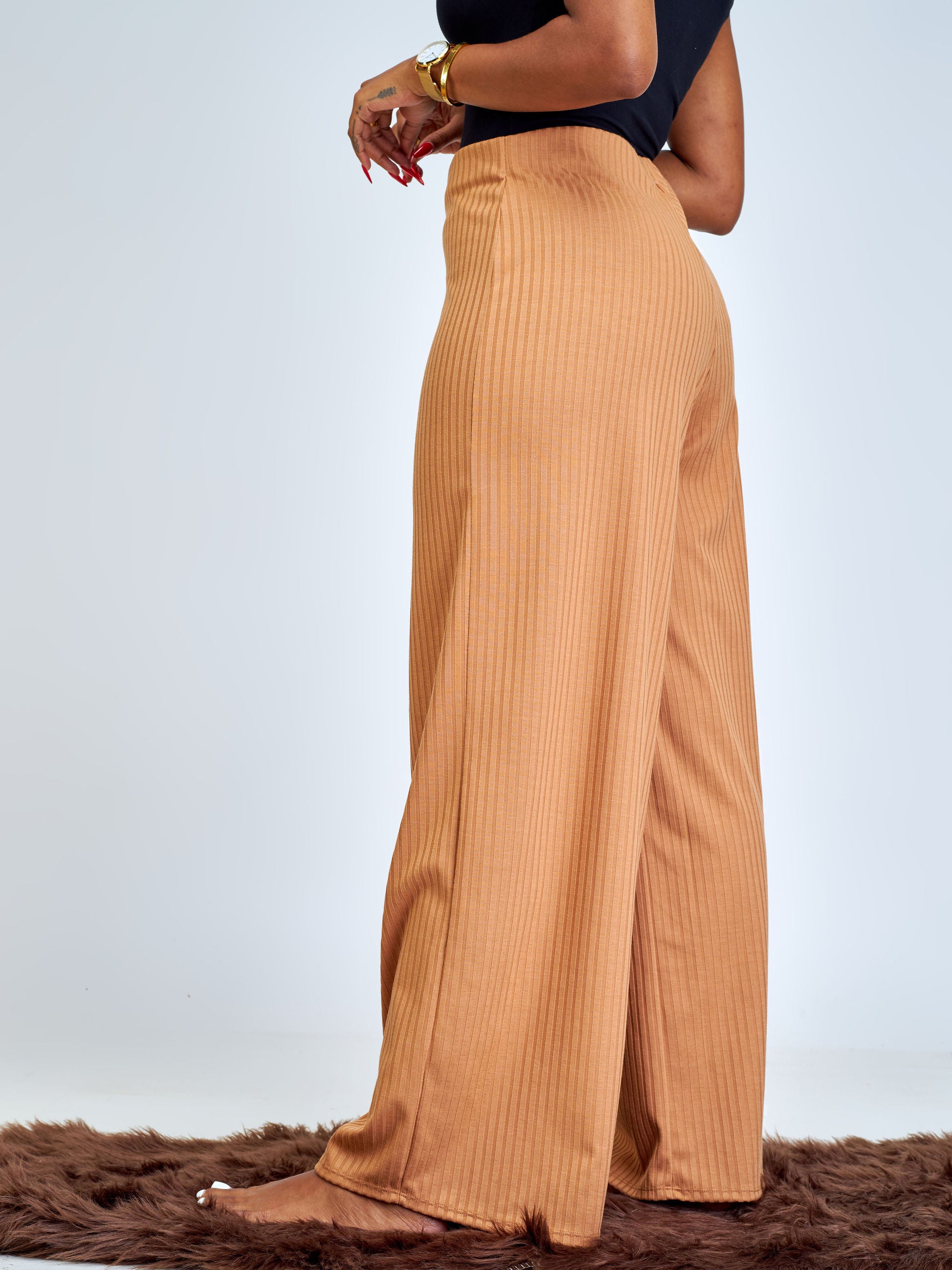 Vivo Amali Wide Leg Rib Pants - Light Brown