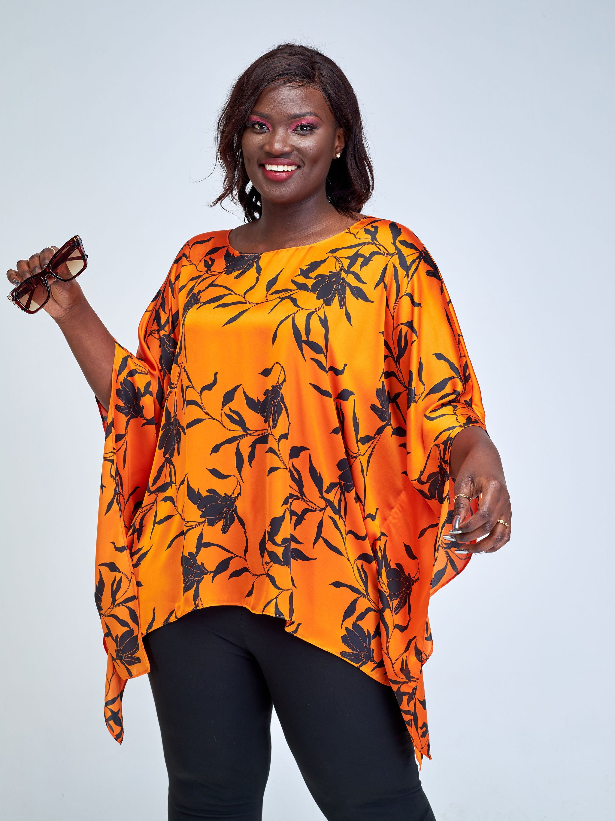 Vivo Ayana Wide Top - Orange / Black Leaf Print