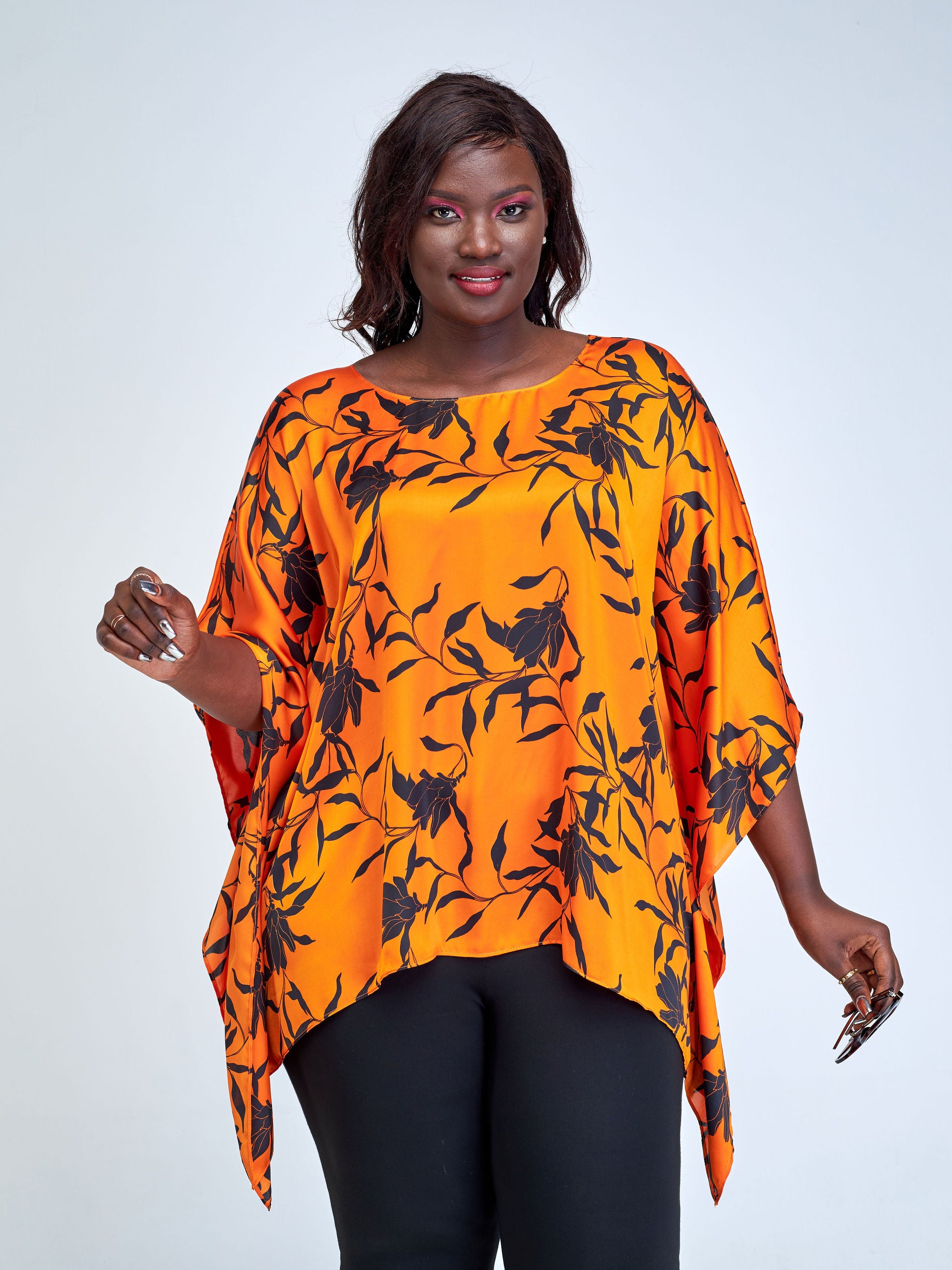 Vivo Ayana Wide Top - Orange / Black Leaf Print