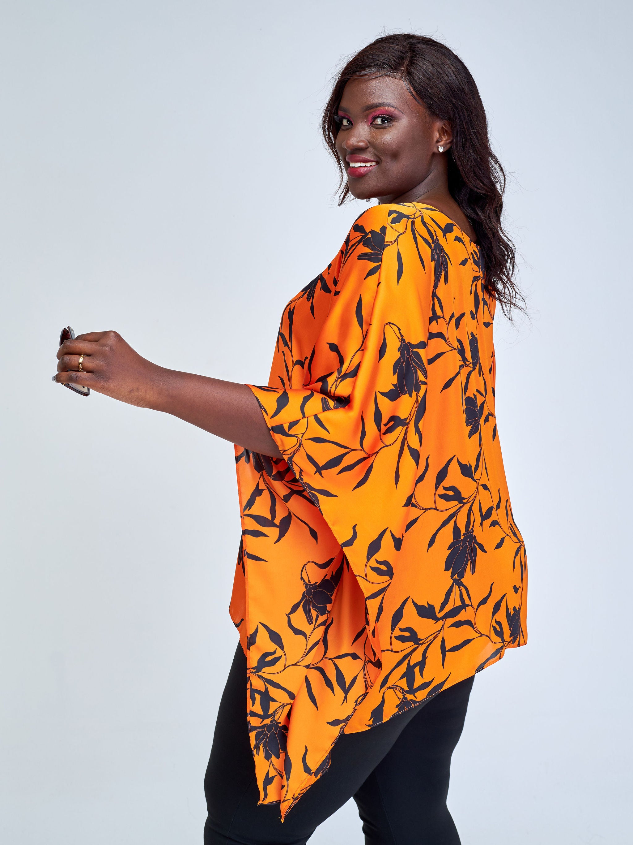Vivo Ayana Wide Top - Orange / Black Leaf Print