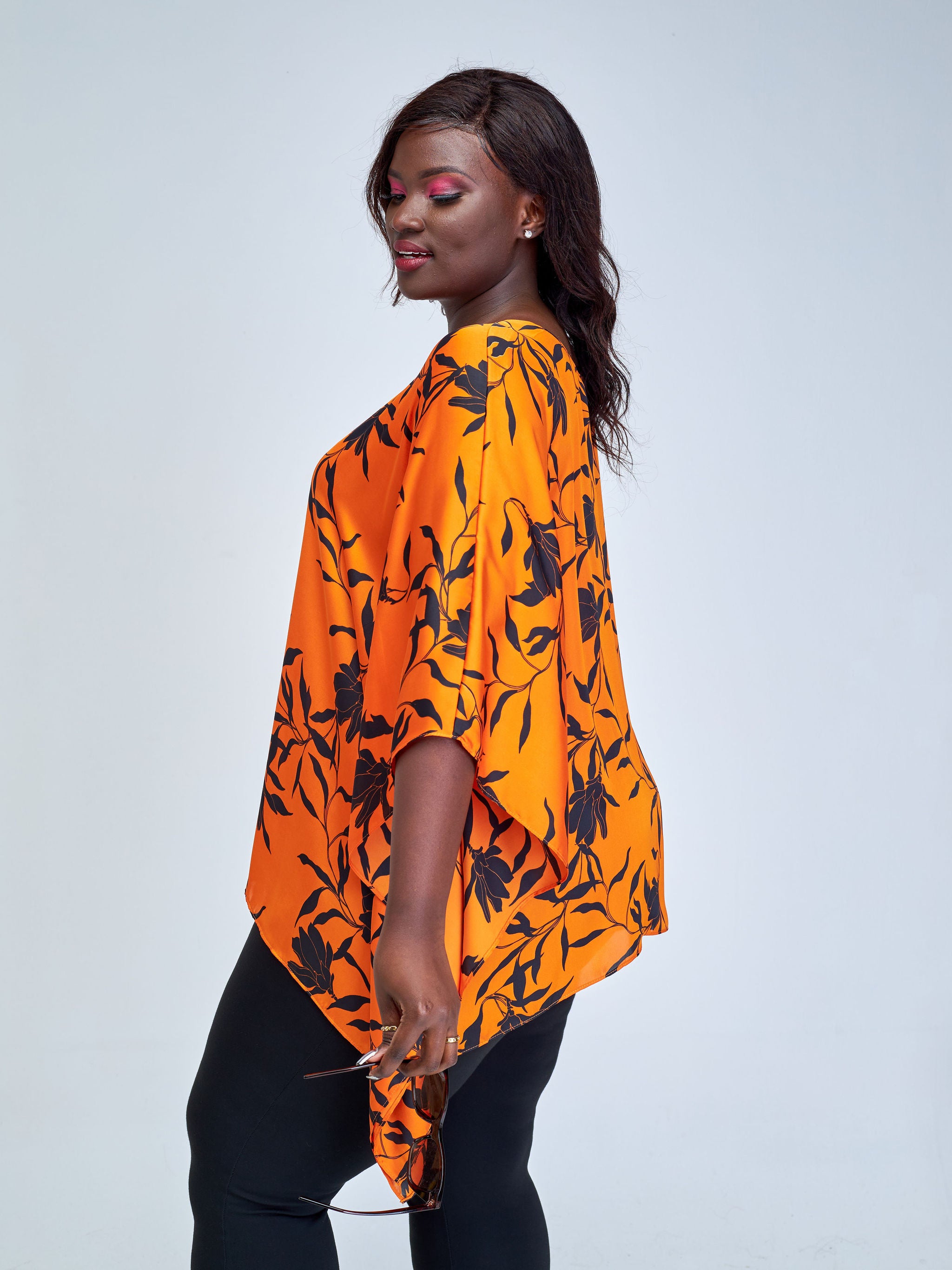 Vivo Ayana Wide Top - Orange / Black Leaf Print