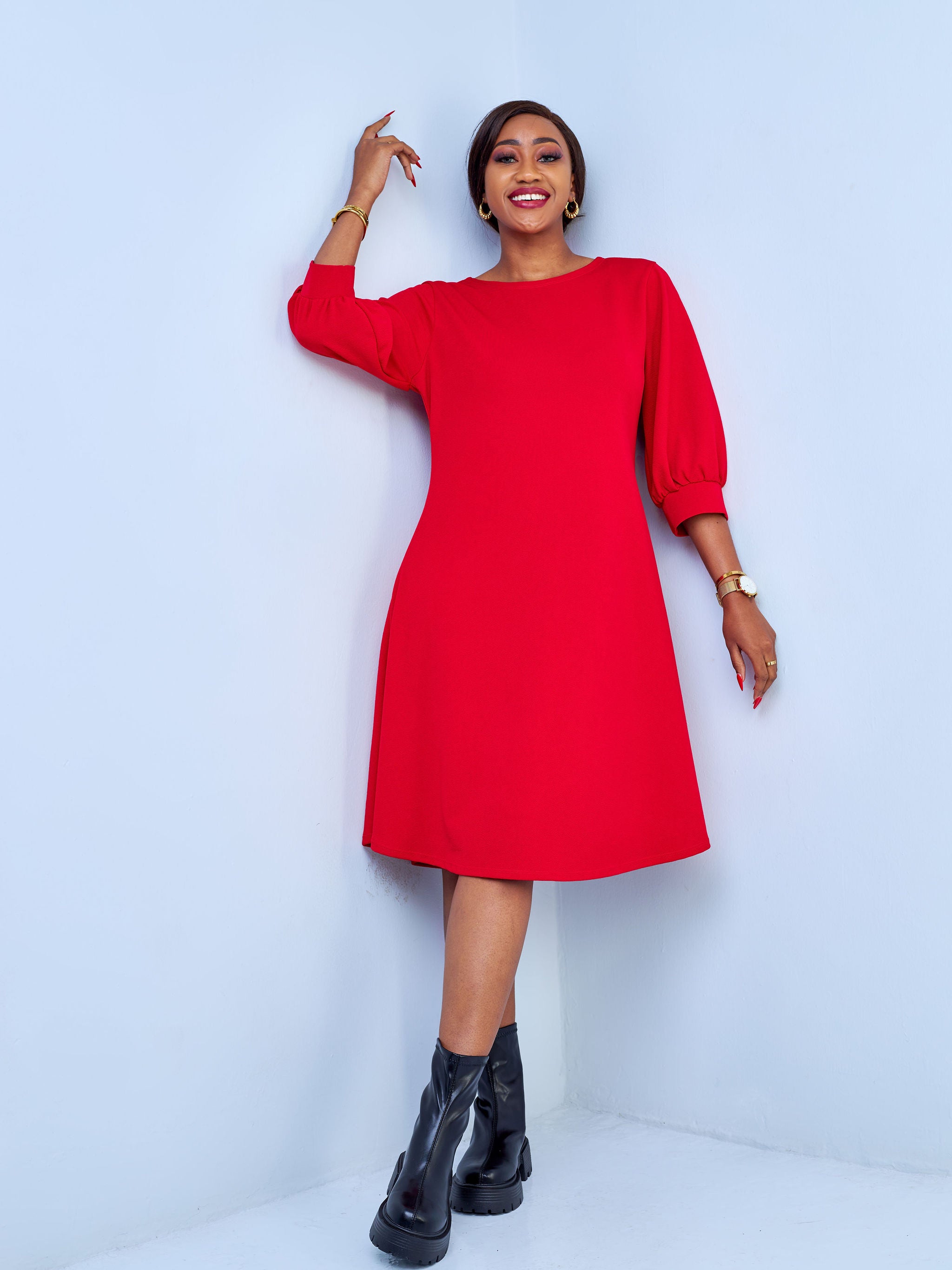 Vivo Amali 3/4 Bishop Sleeve A-line Dress - Red