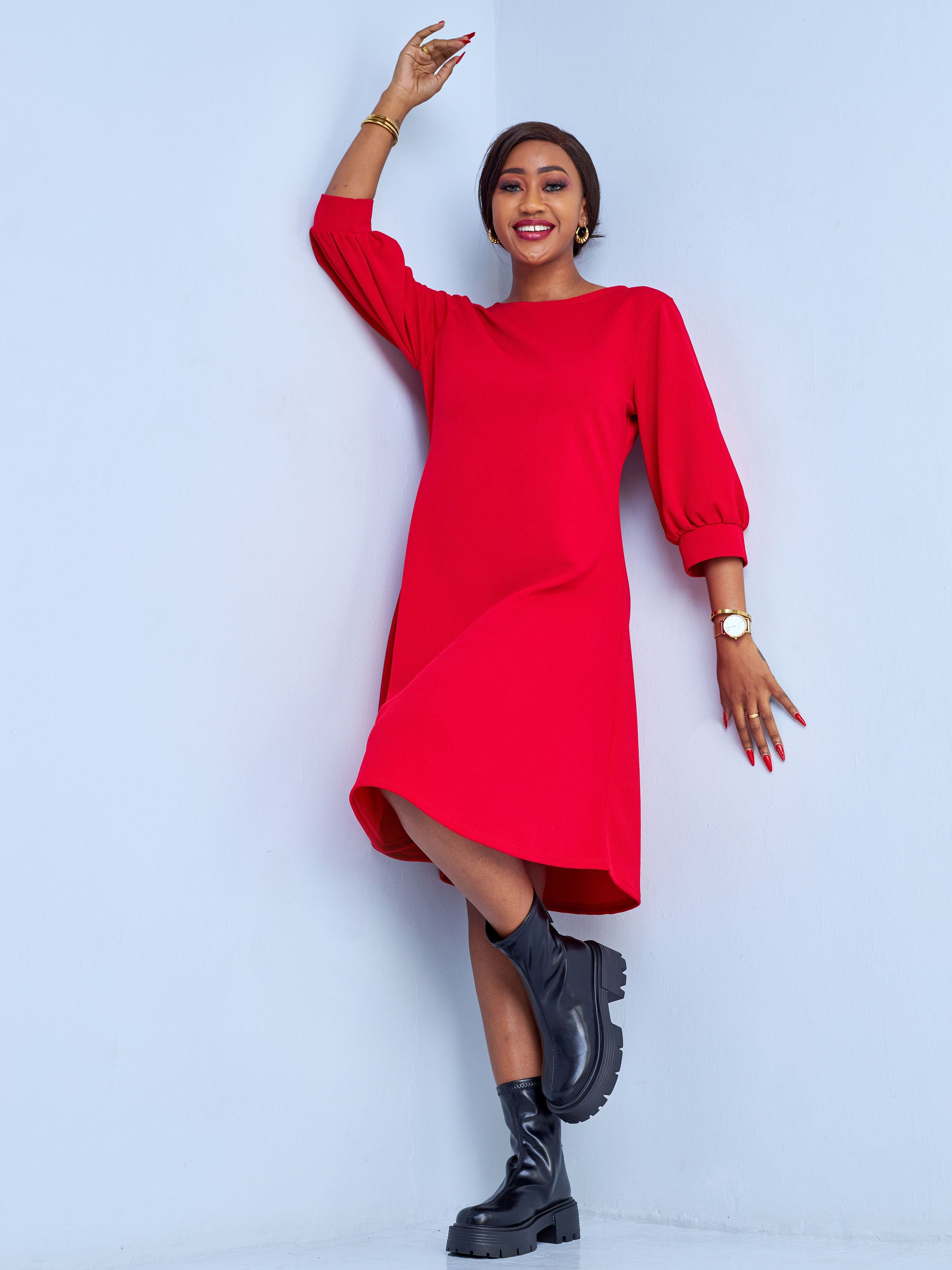 Vivo Amali 3/4 Bishop Sleeve A-line Dress - Red