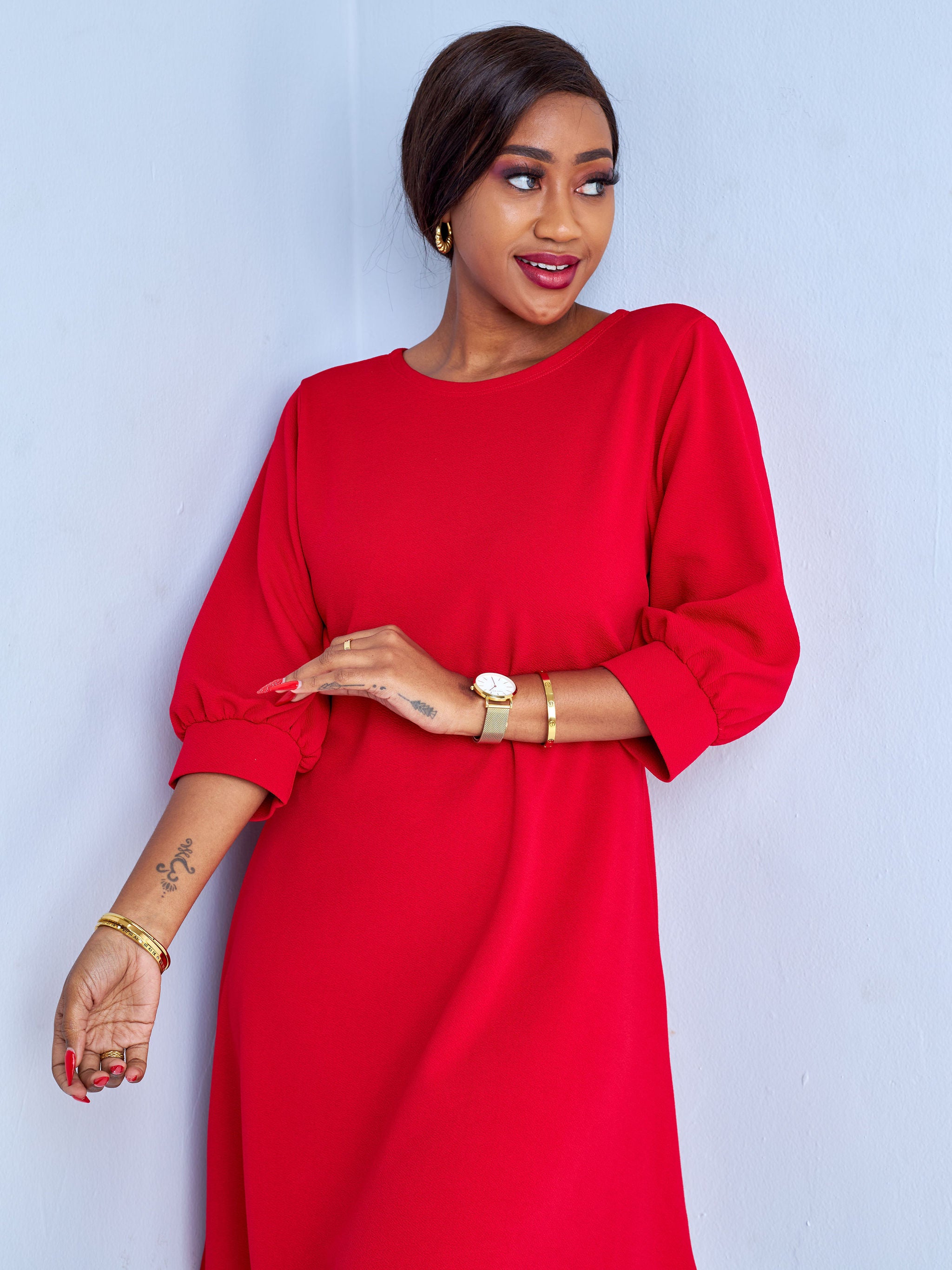 Vivo Amali 3/4 Bishop Sleeve A-line Dress - Red