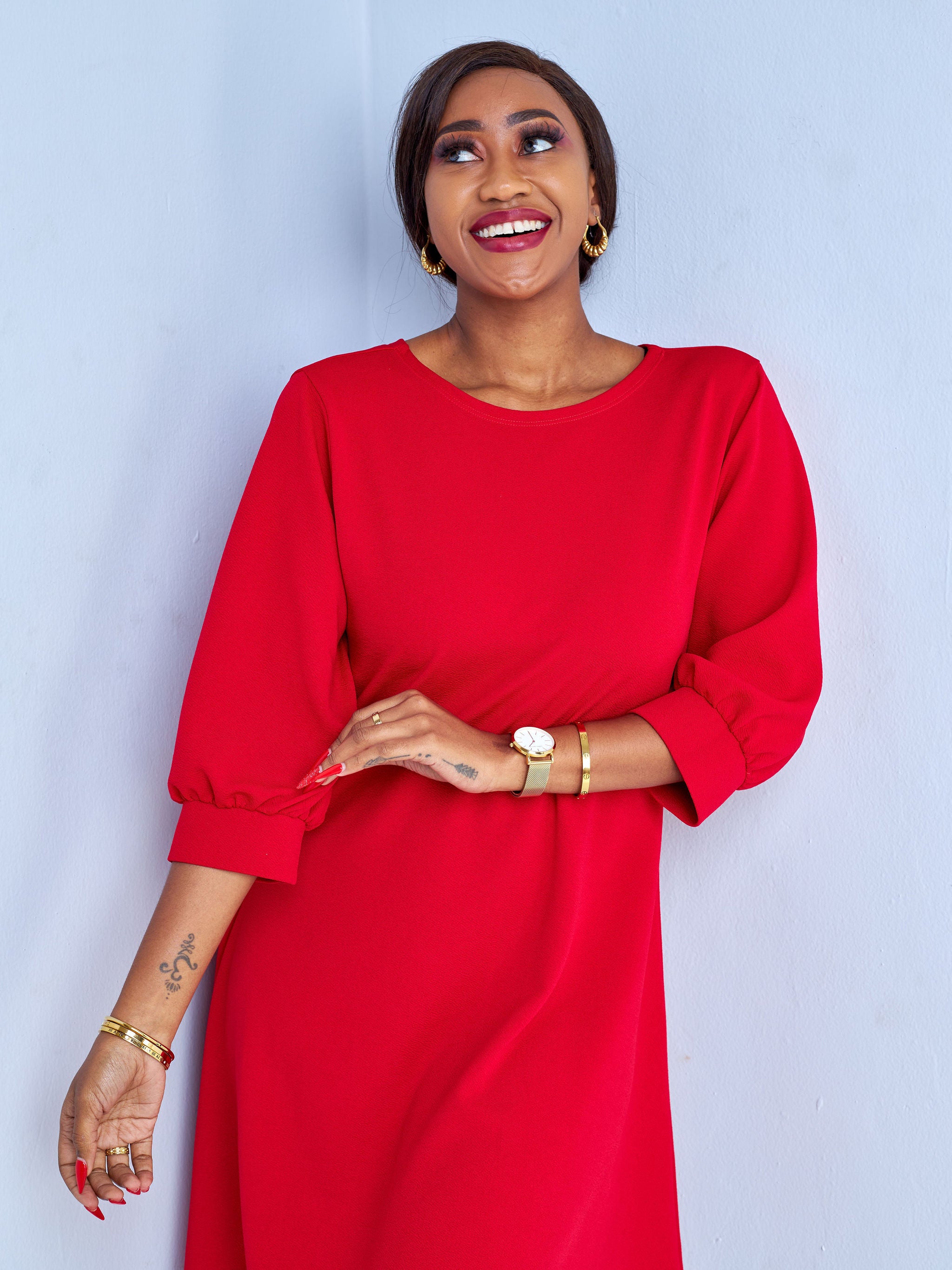 Vivo Amali 3/4 Bishop Sleeve A-line Dress - Red