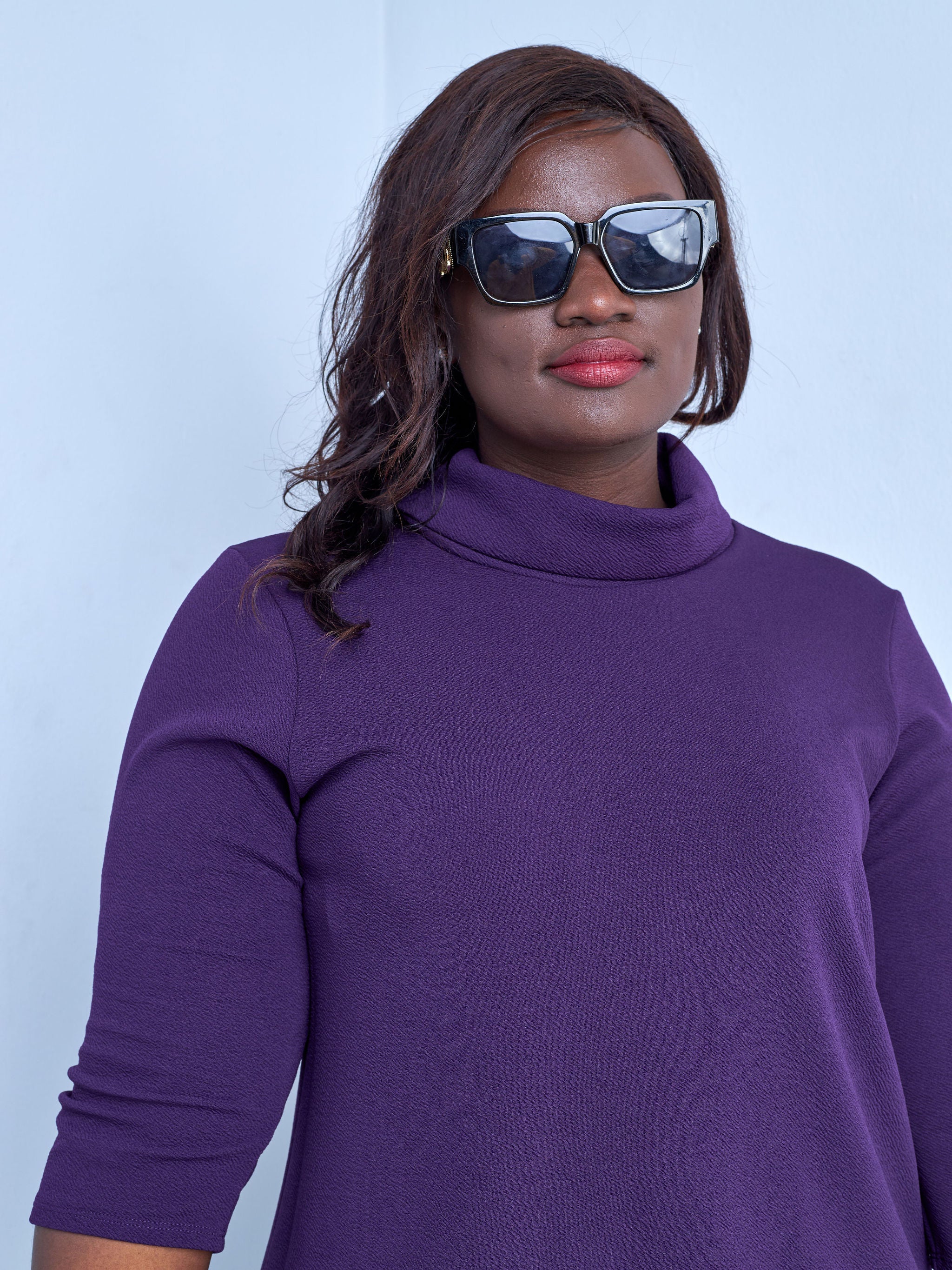 Vivo Amali 3/4 Sleeve Turtleneck Tent Knee Length Dress - Purple