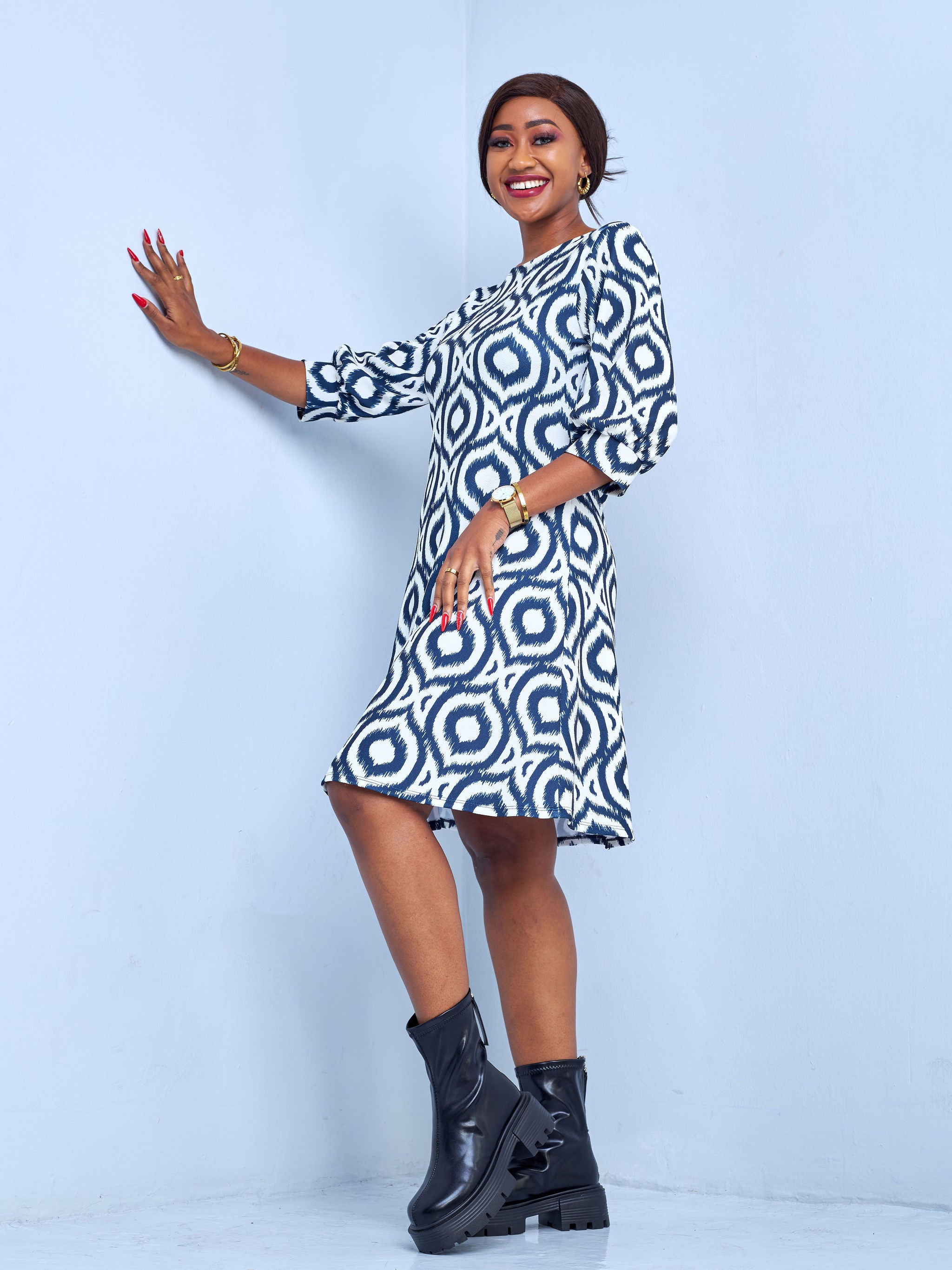Vivo Amali 3/4 Bishop Sleeve A-line Dress - Off White / Navy Blue Abstract Print