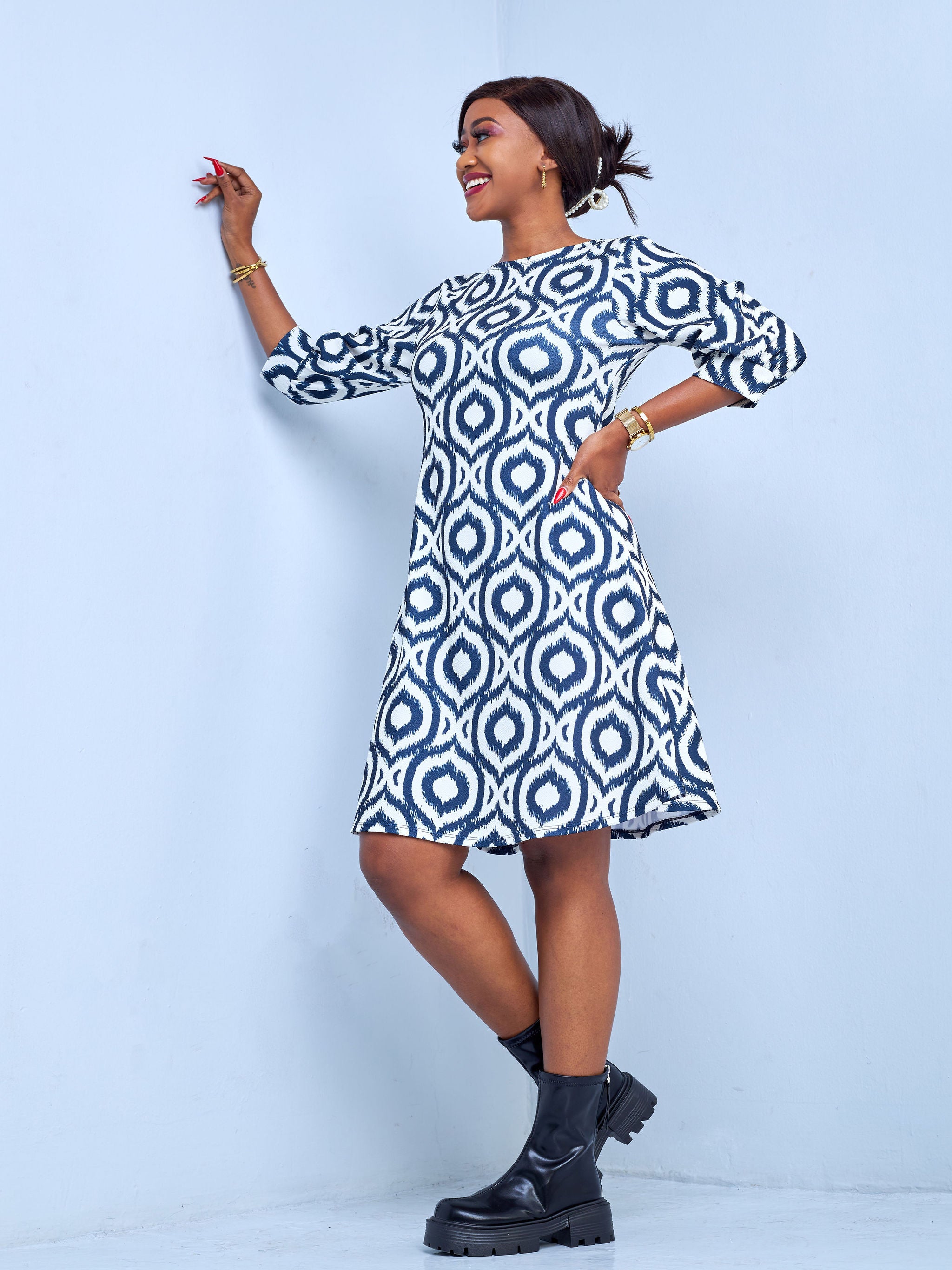 Vivo Amali 3/4 Bishop Sleeve A-line Dress - Off White / Navy Blue Abstract Print