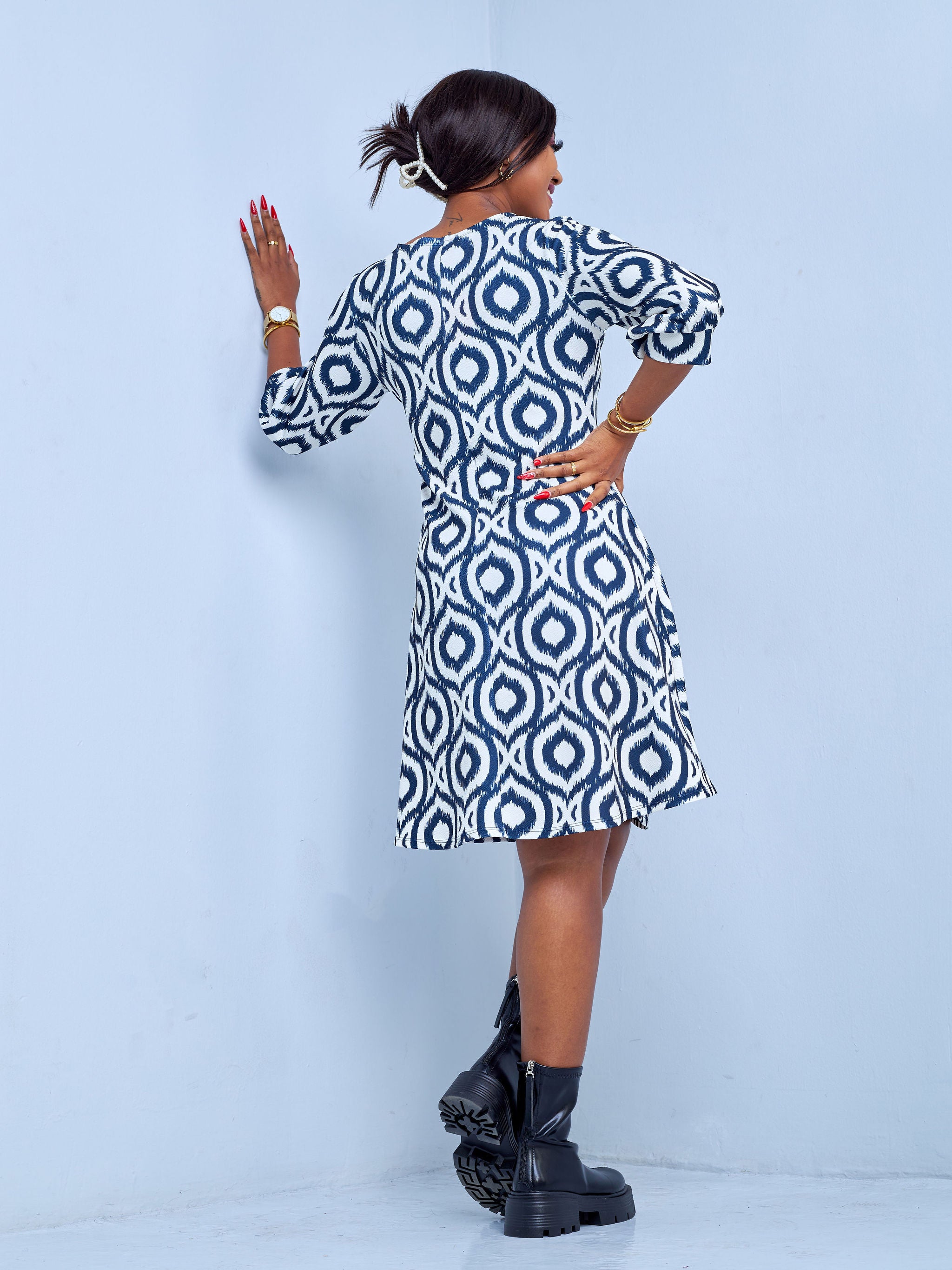 Vivo Amali 3/4 Bishop Sleeve A-line Dress - Off White / Navy Blue Abstract Print