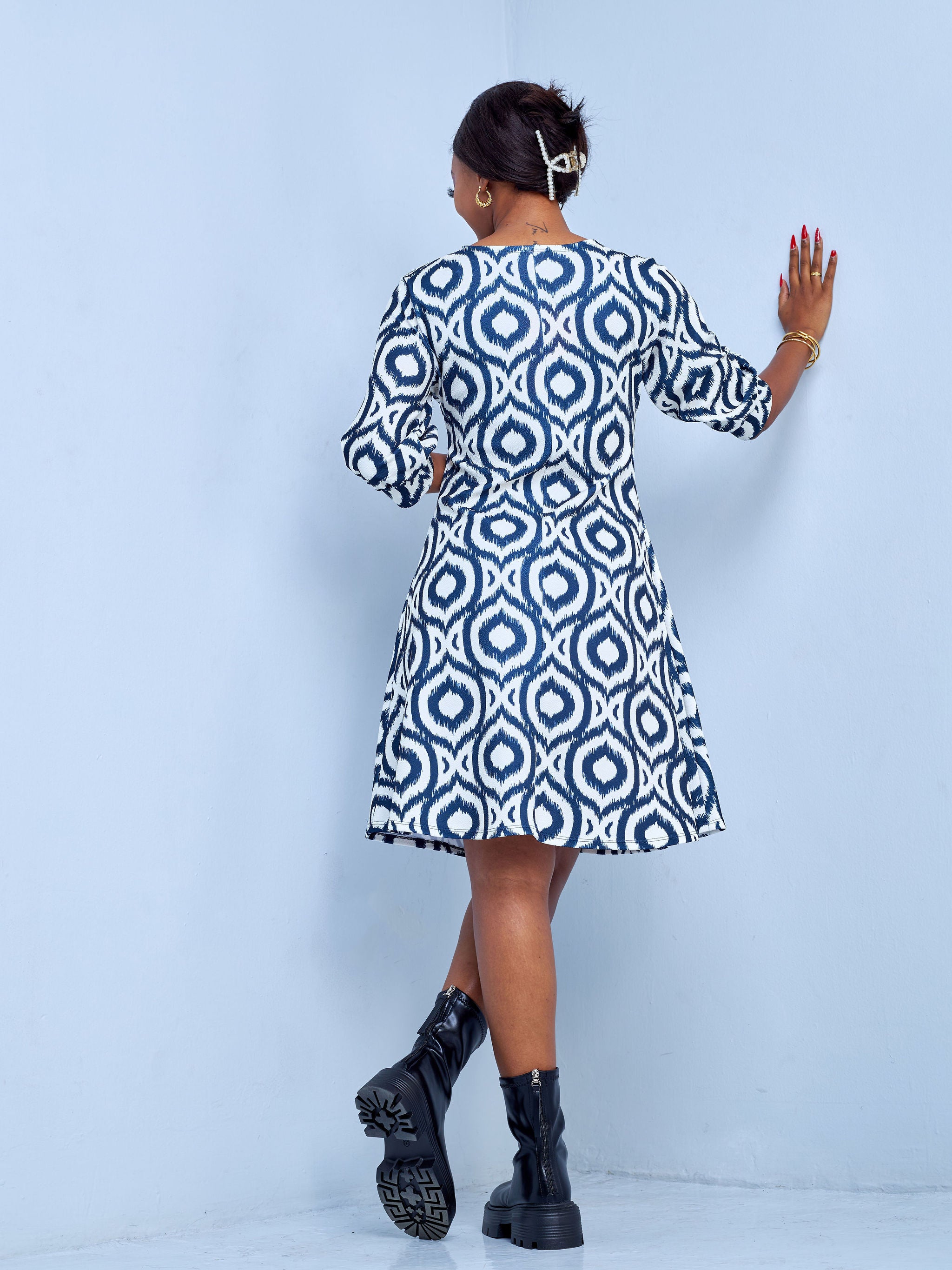 Vivo Amali 3/4 Bishop Sleeve A-line Dress - Off White / Navy Blue Abstract Print