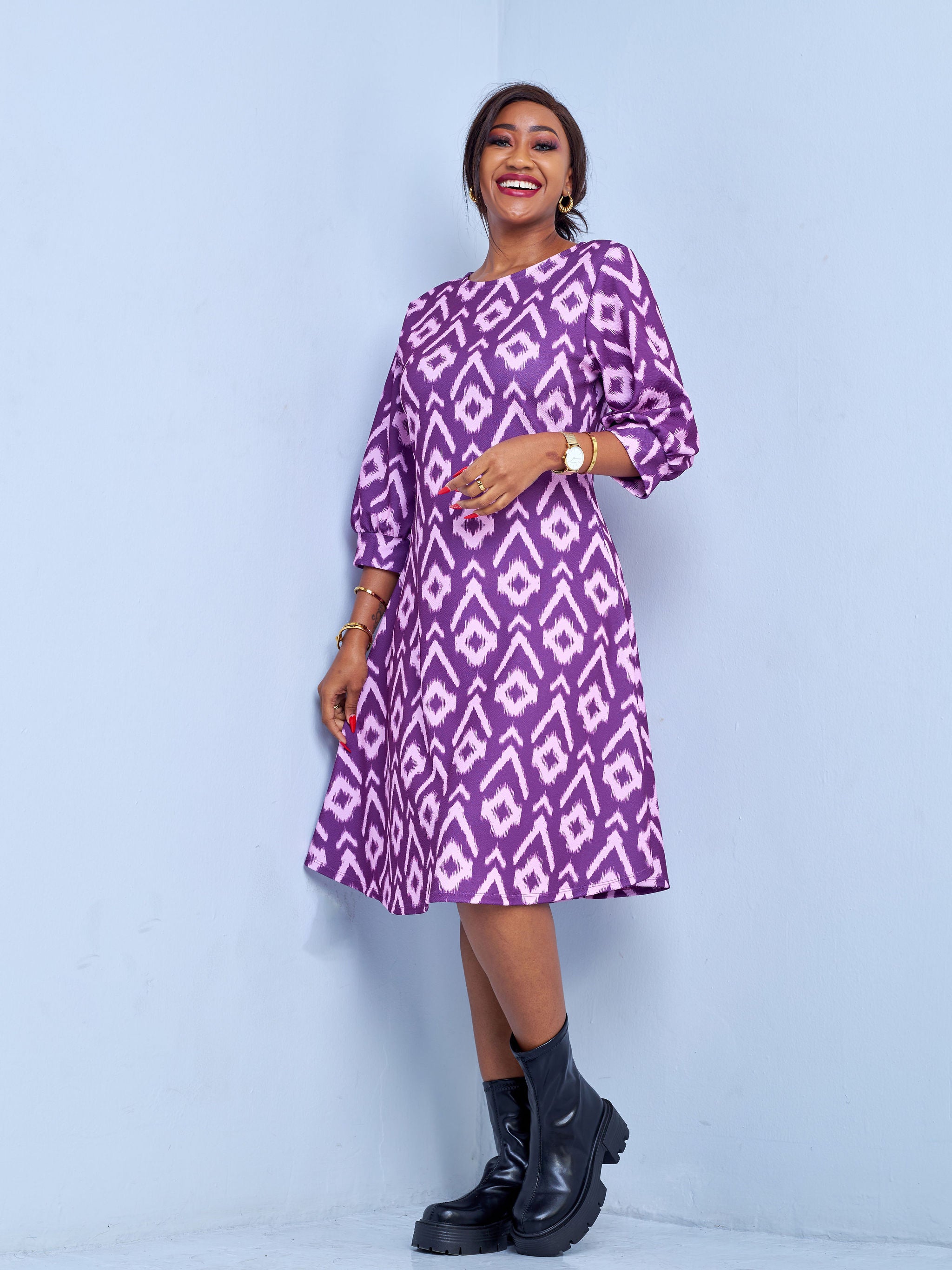 Vivo Amali 3/4 Bishop Sleeve A-line Dress - Burgundy / Pink Abstract Print