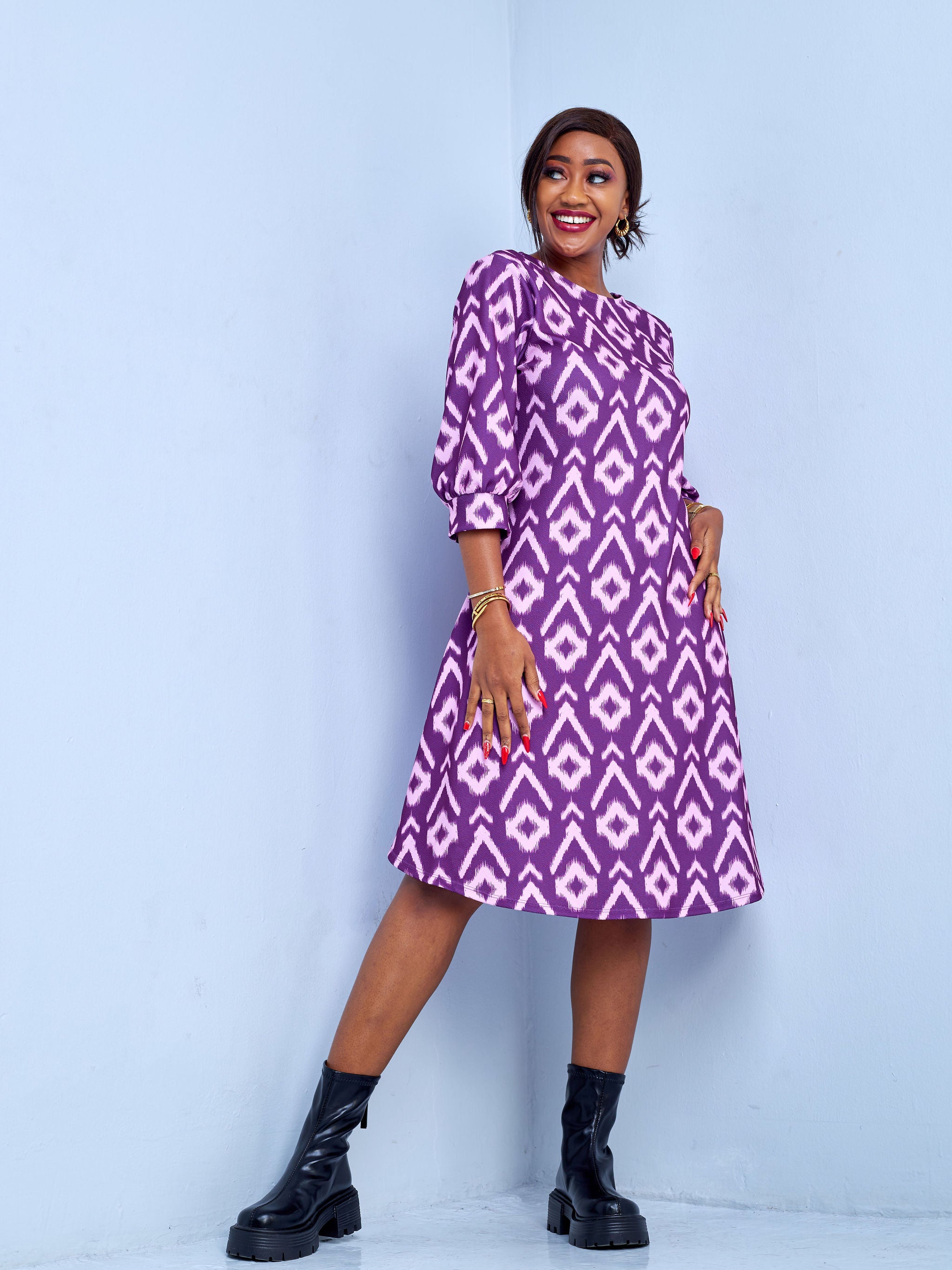 Vivo Amali 3/4 Bishop Sleeve A-line Dress - Burgundy / Pink Abstract Print