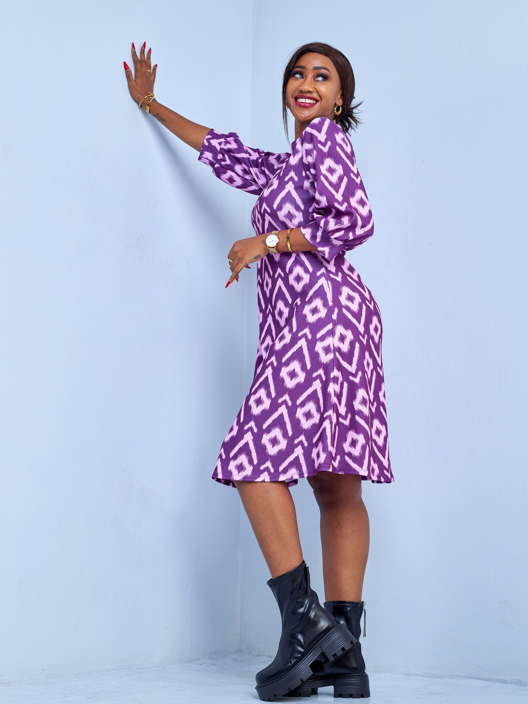 Vivo Amali 3/4 Bishop Sleeve A-line Dress - Burgundy / Pink Abstract Print