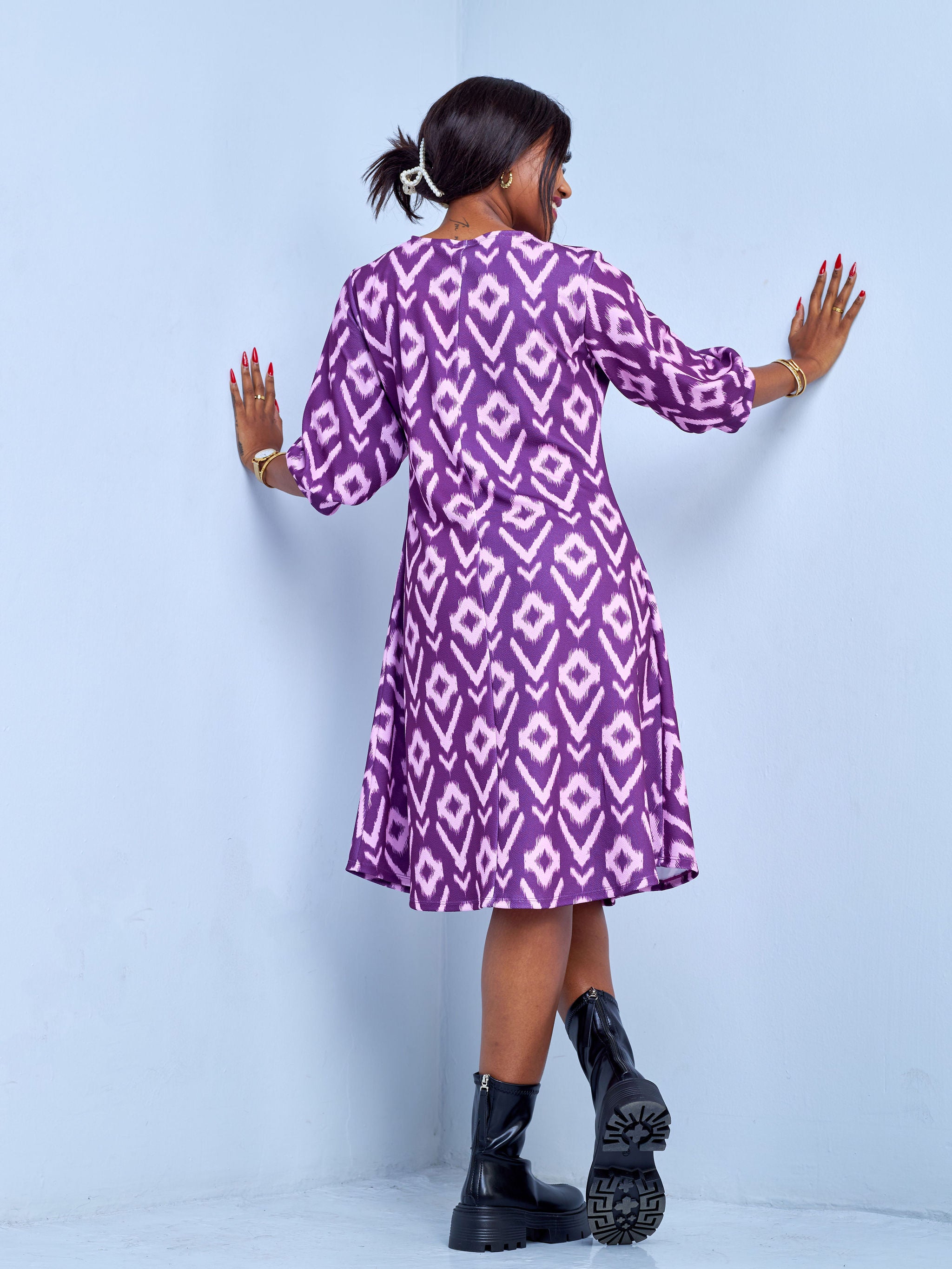 Vivo Amali 3/4 Bishop Sleeve A-line Dress - Burgundy / Pink Abstract Print