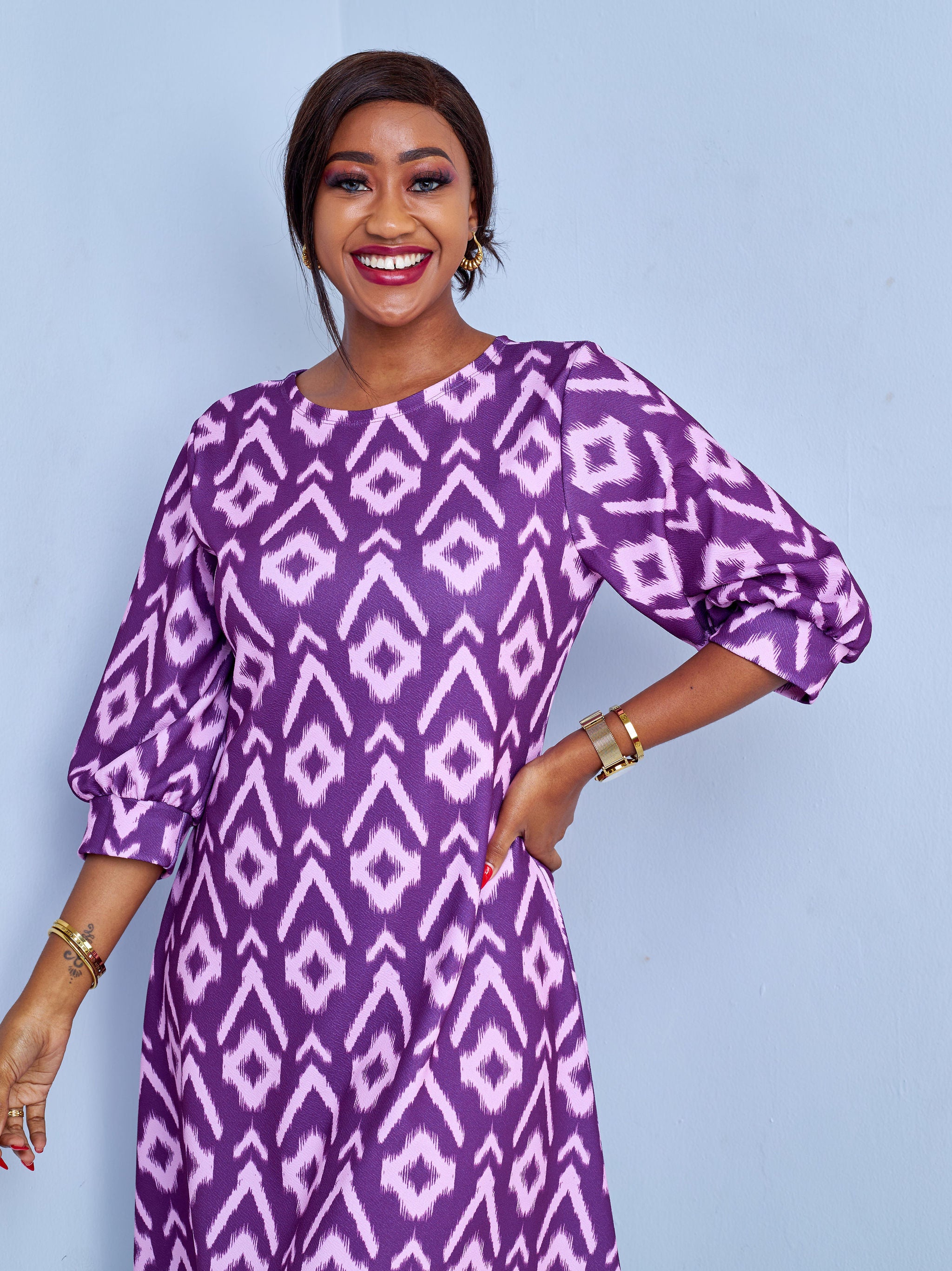 Vivo Amali 3/4 Bishop Sleeve A-line Dress - Burgundy / Pink Abstract Print