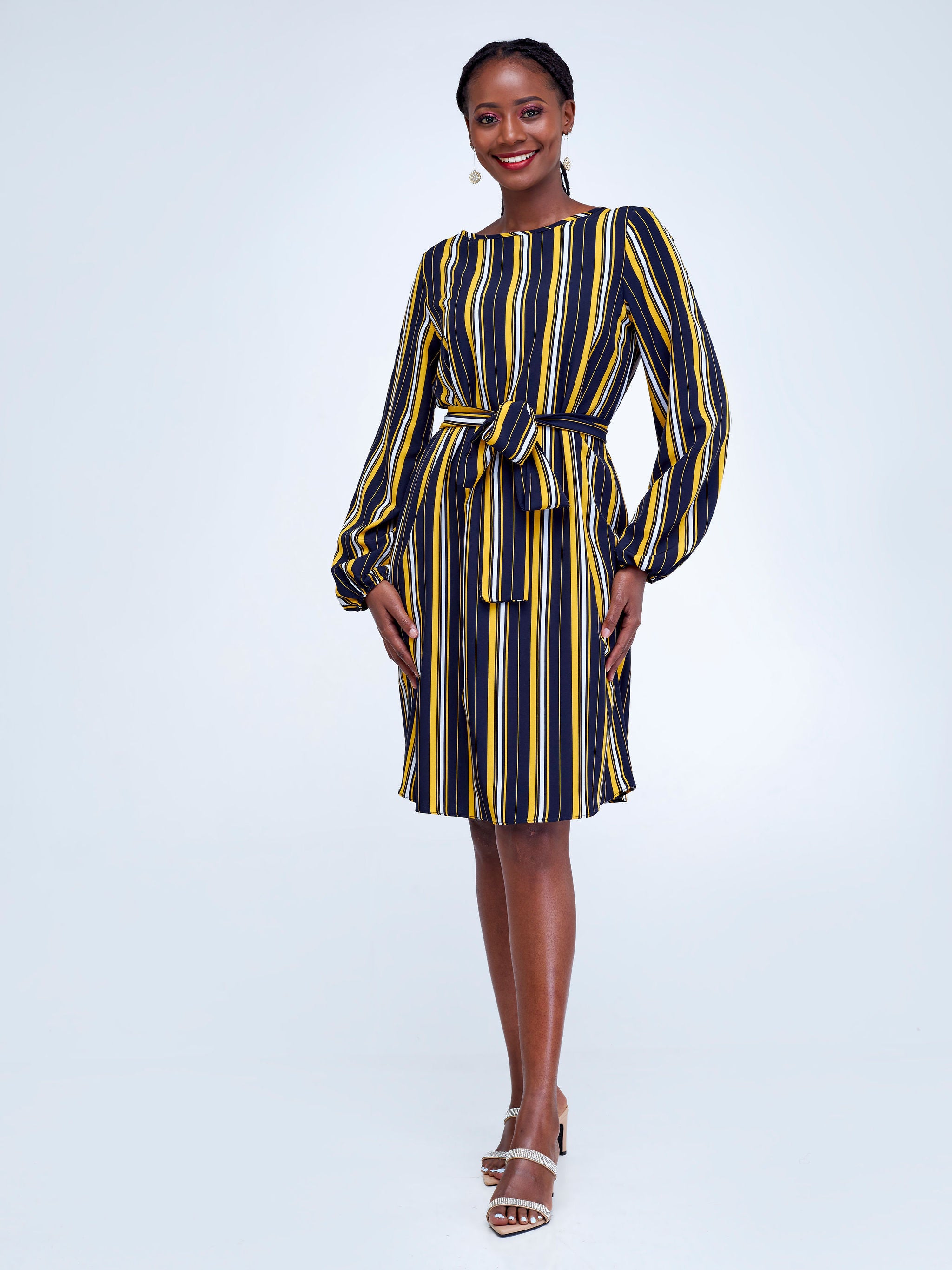 Vivo Zawadi Shift Dress - Yellow / Black Stripes Print